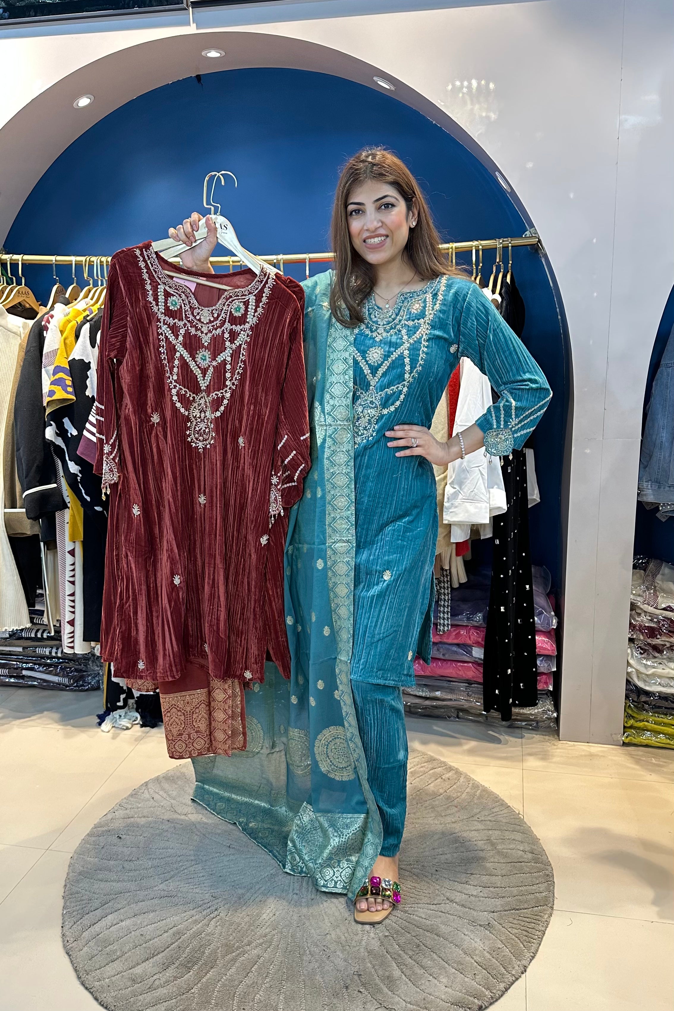 3pc Crushed Velvet Suit With Banarasi Dupatta