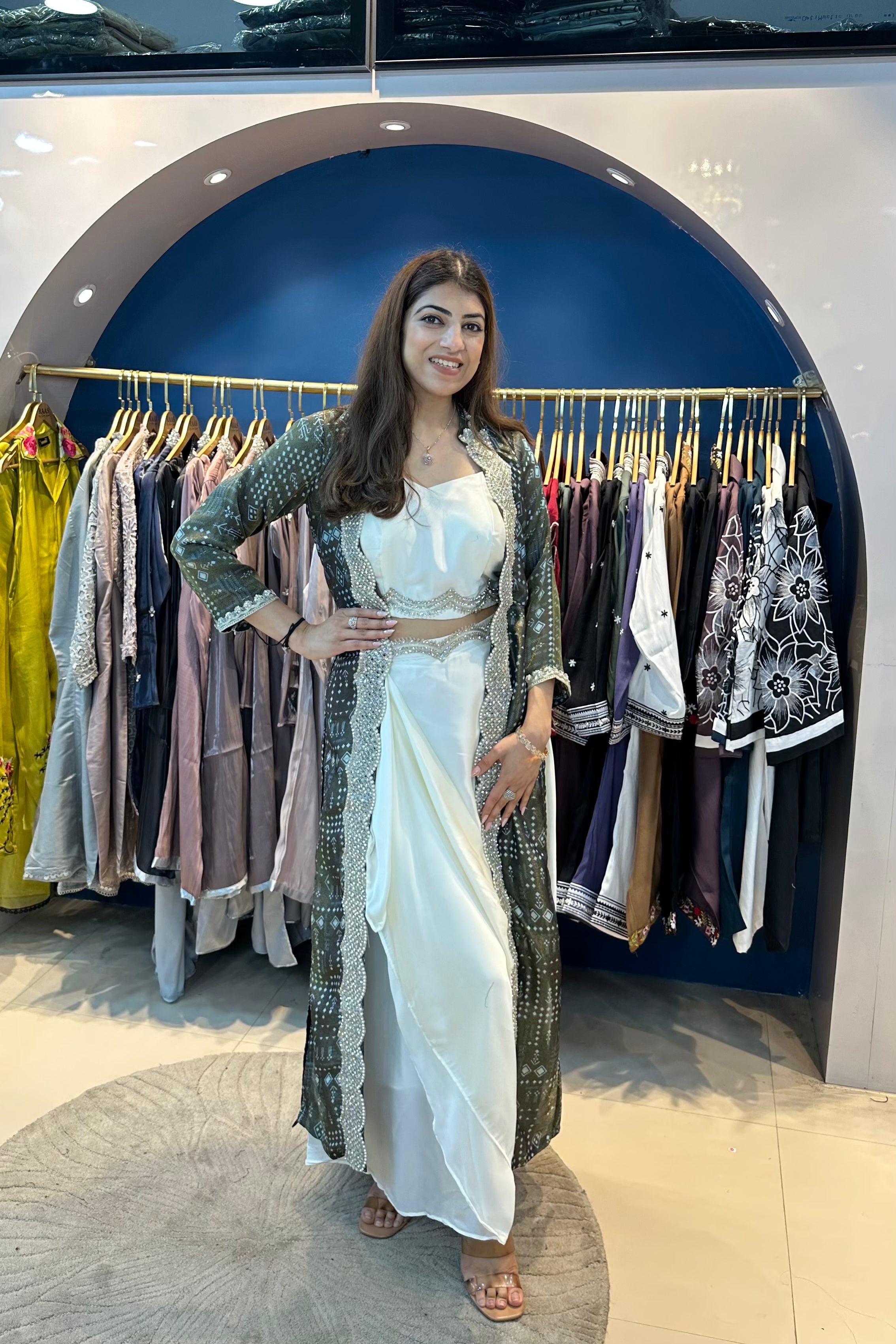 3pc Partywear Indo-western Paired With Drape Skirt