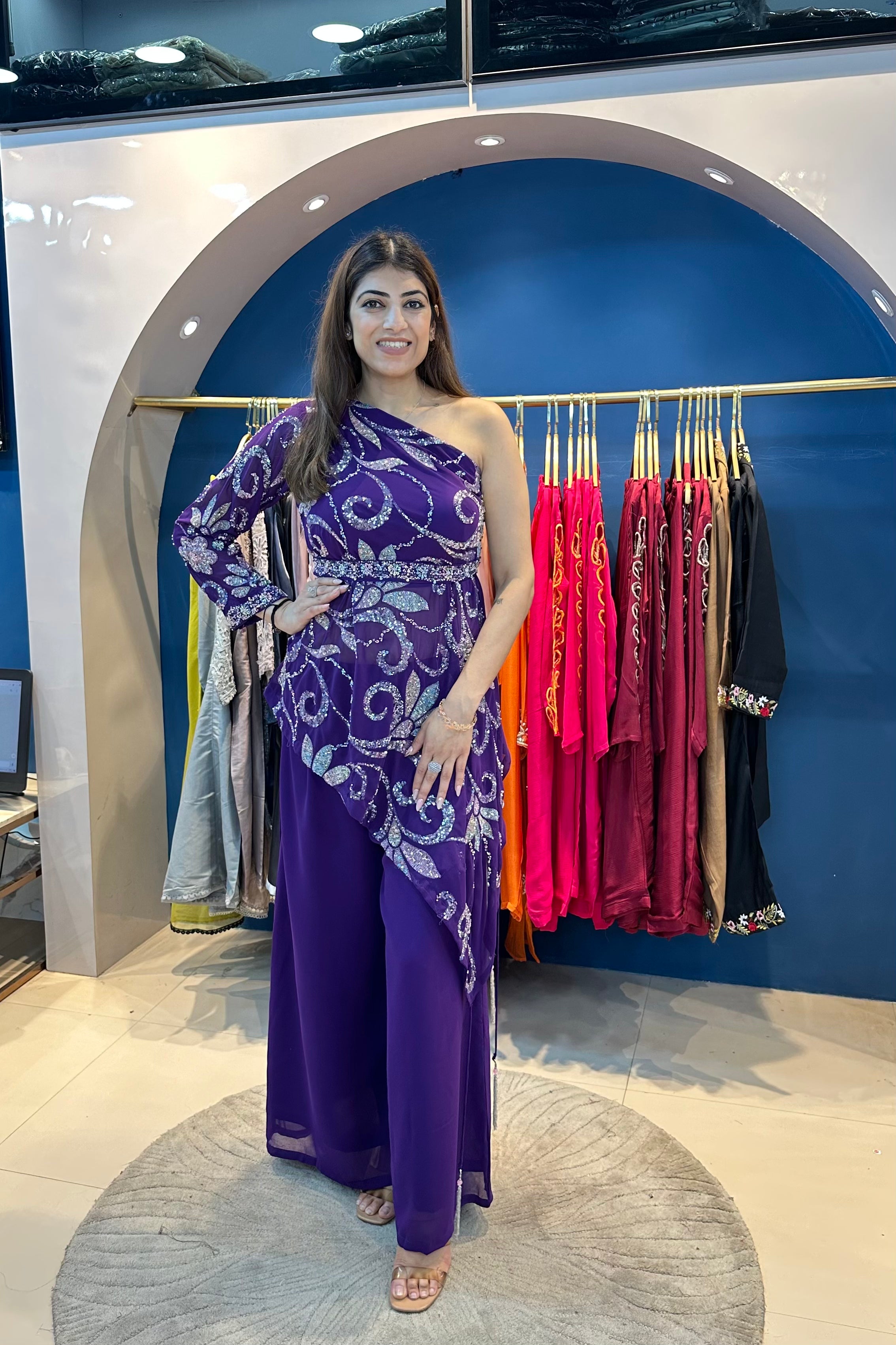 2pc Off-shoulder Partywear Indo-western Set With Belt