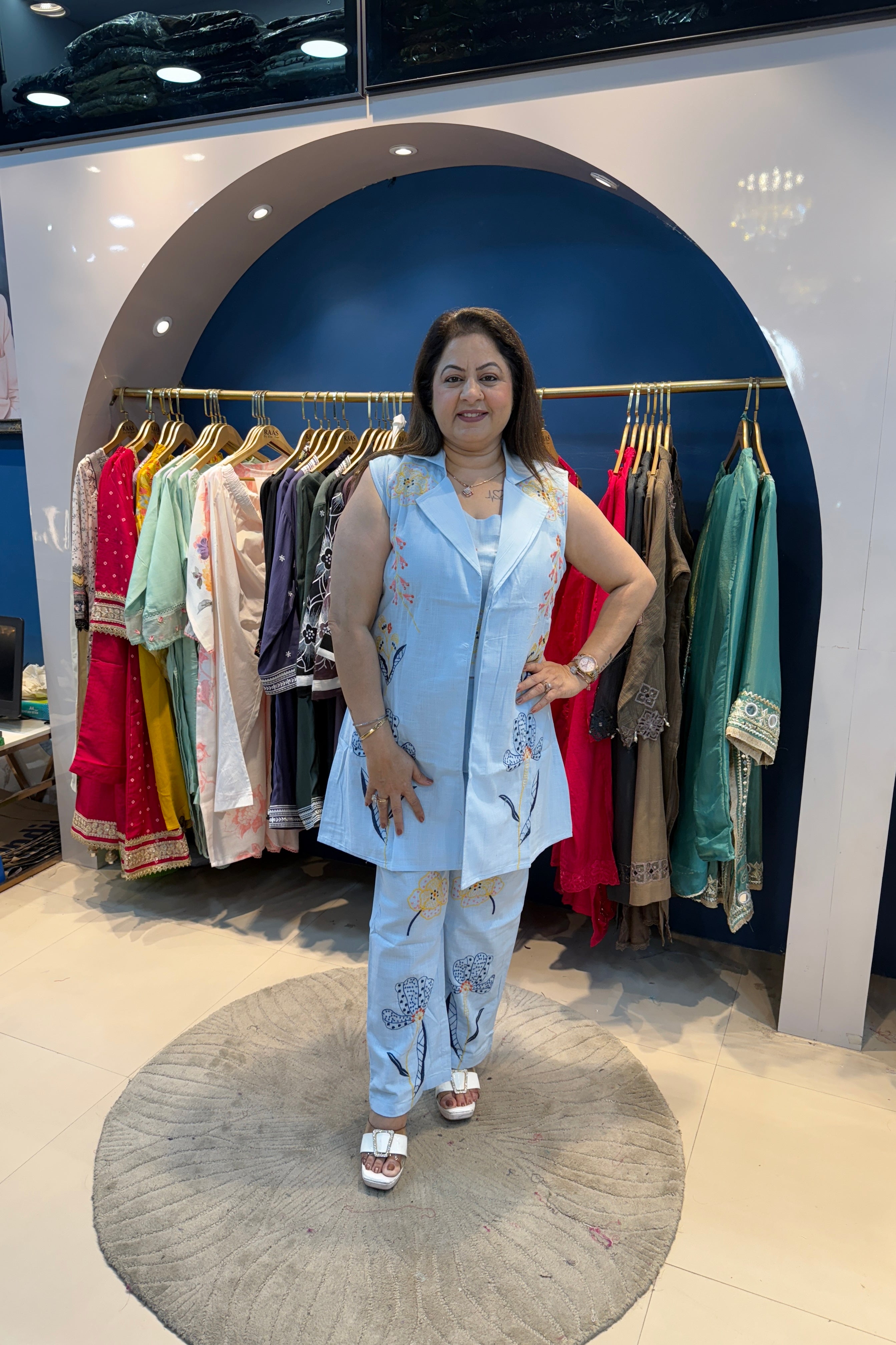 3pc Cotton Co-ord Set With Top And Sleeveless Jacket