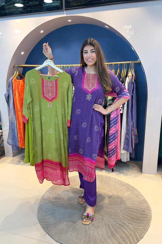 3pc Chinon Bandhani Suit With Printed Dupatta