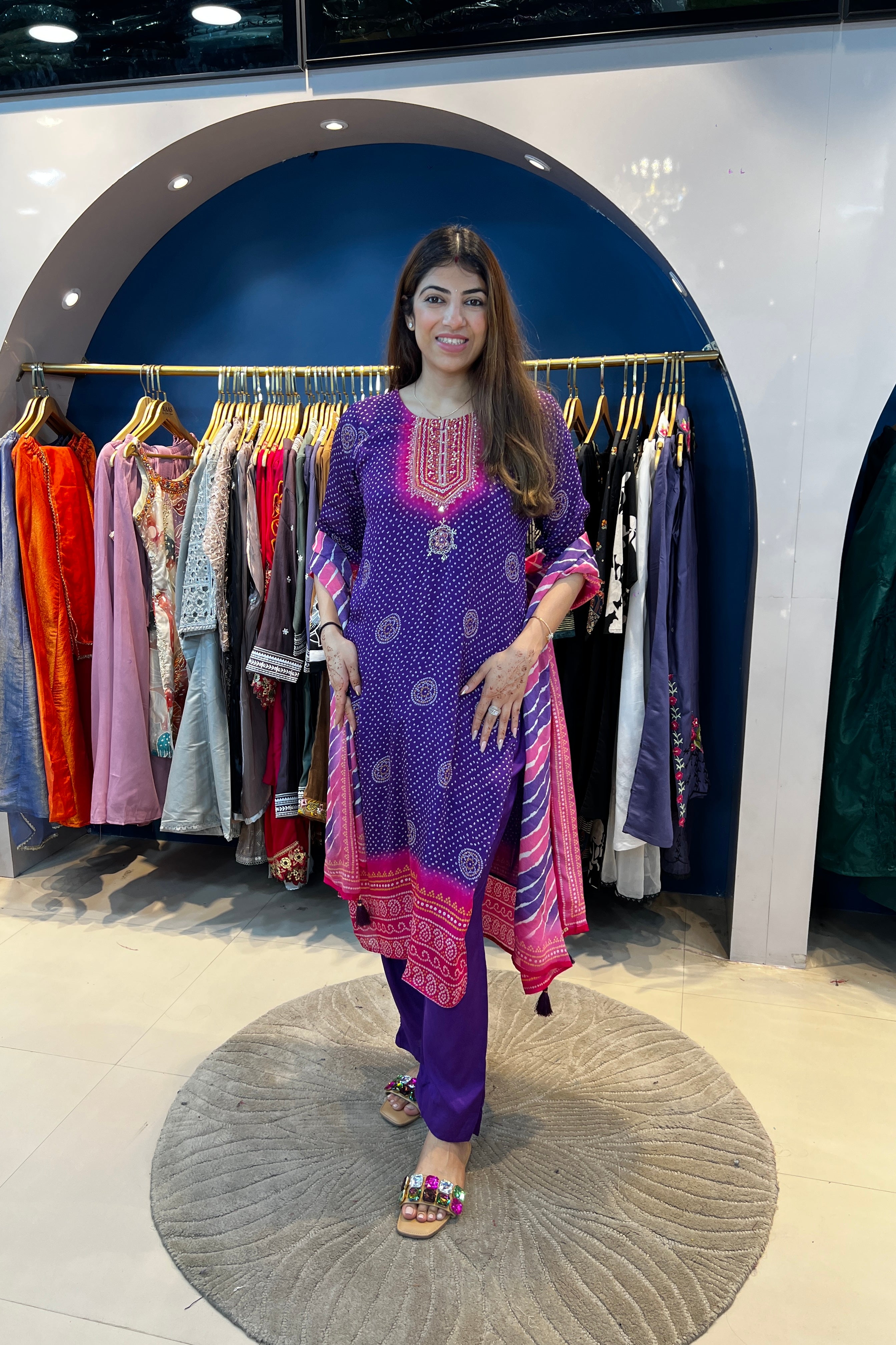 3pc Chinon Bandhani Suit With Printed Dupatta