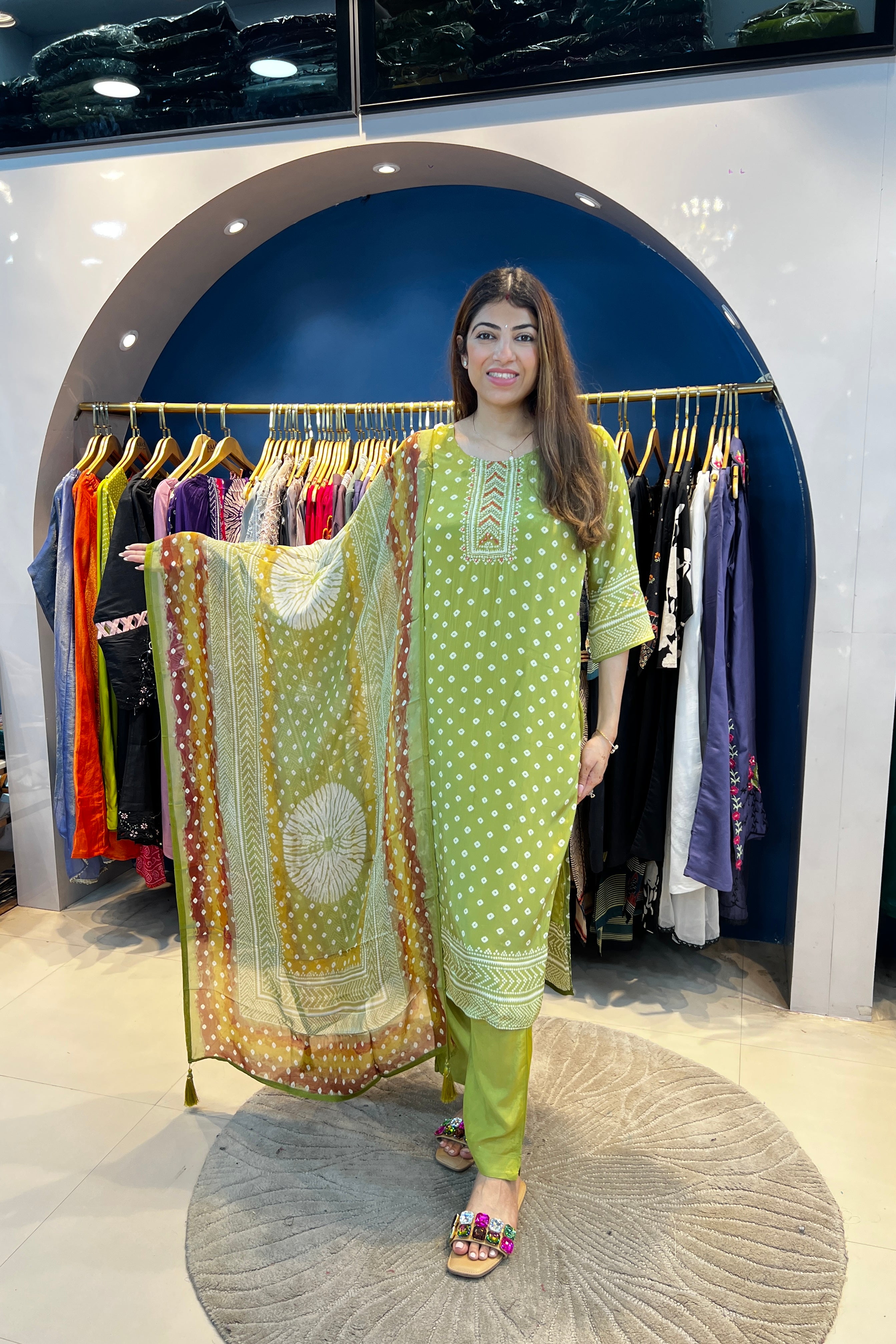 3pc Chinon Bandhani Suit With Printed Dupatta