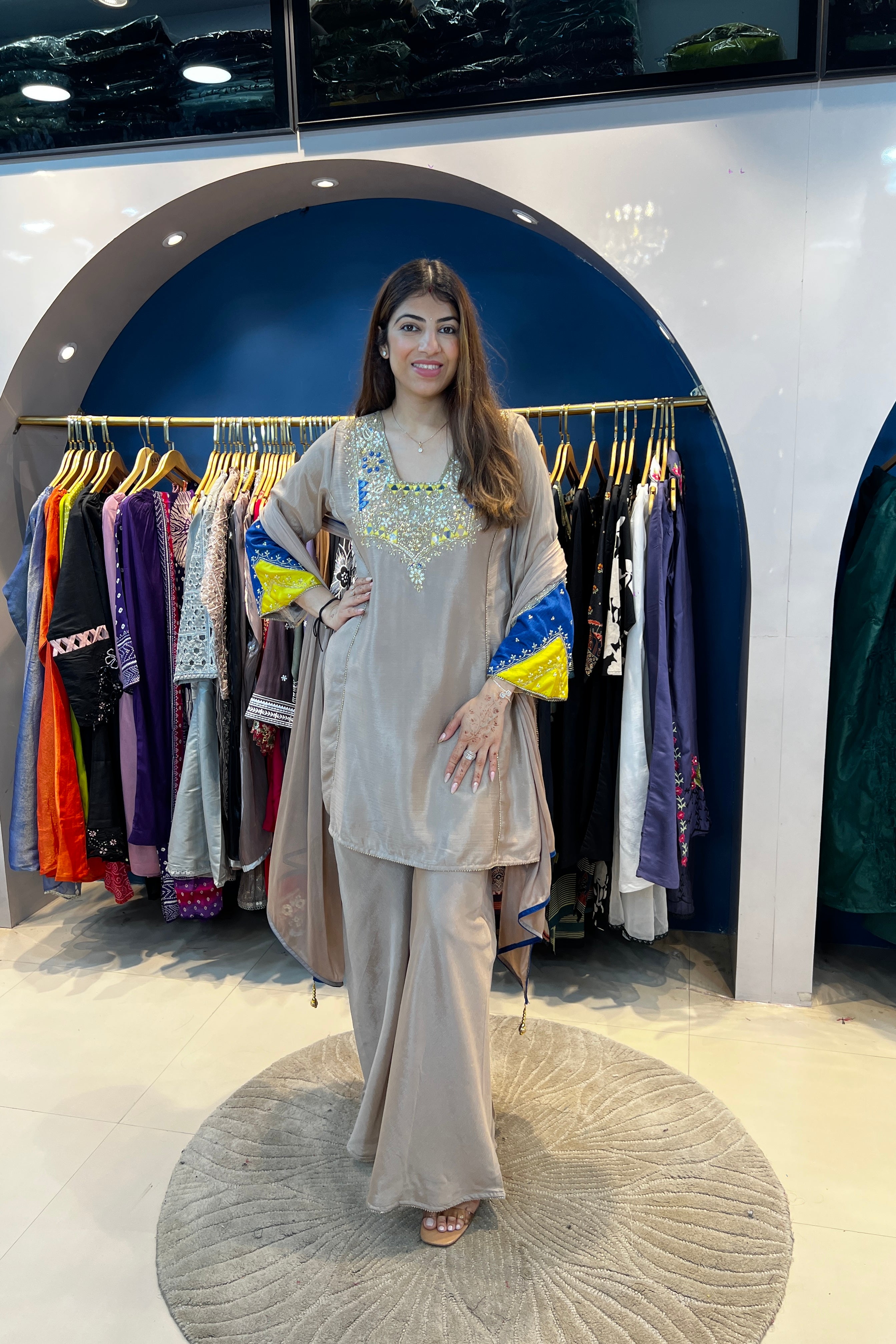 3pc Partywear Suit With Pakistani Sleeves Paired With Sharara