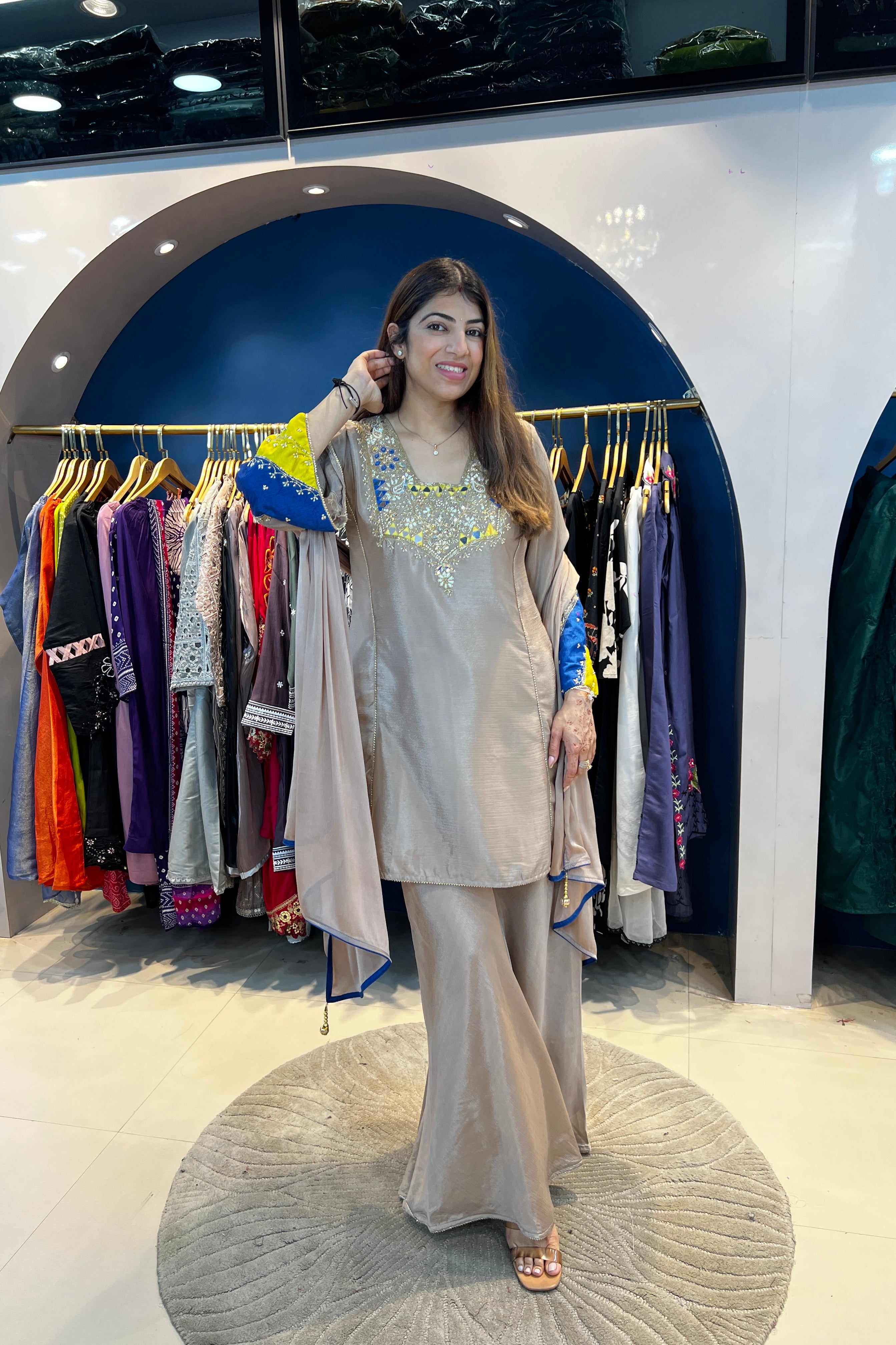 3pc Partywear Suit With Pakistani Sleeves Paired With Sharara
