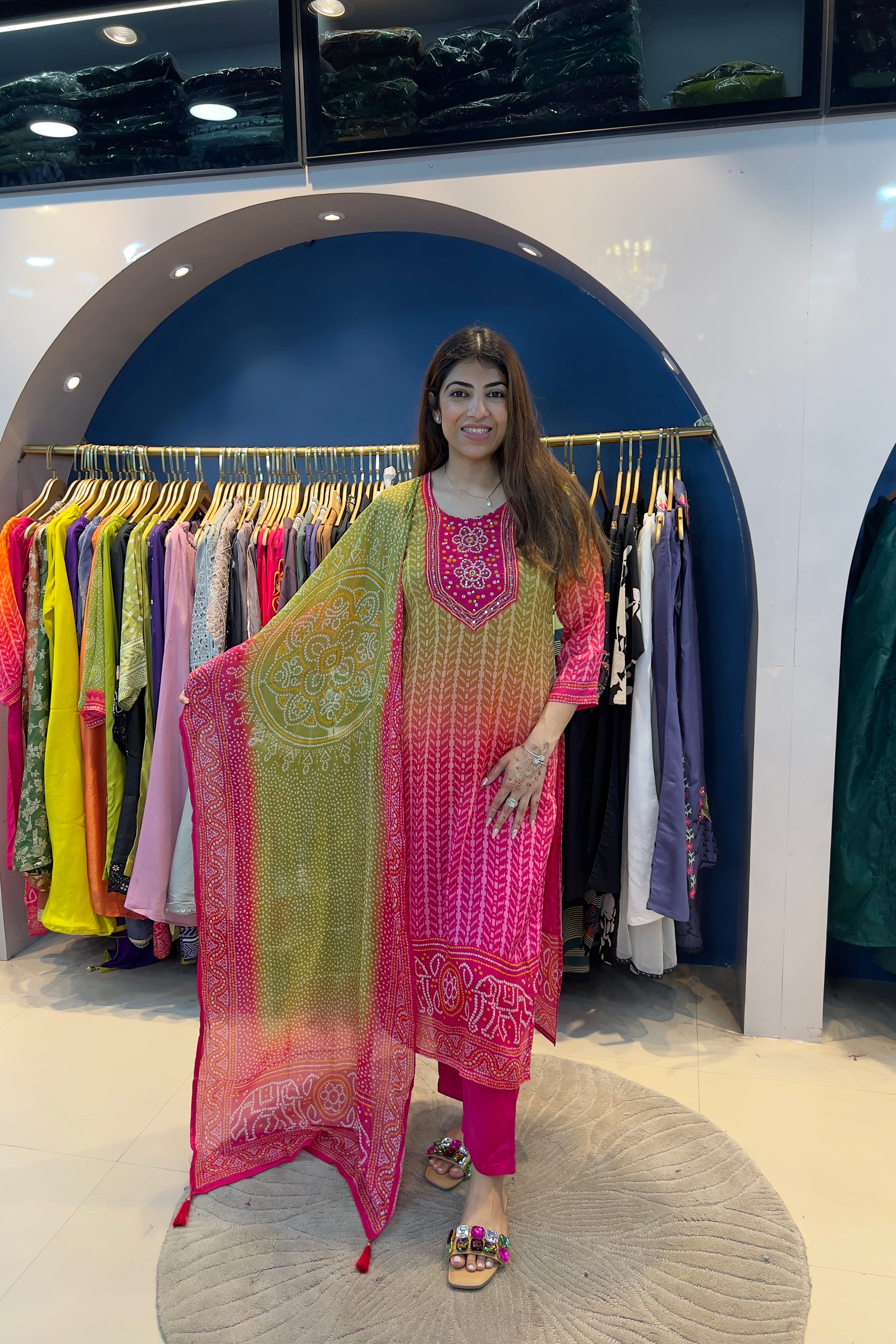 3pc Chinon Ombre Bandhani Suit With Printed Dupatta