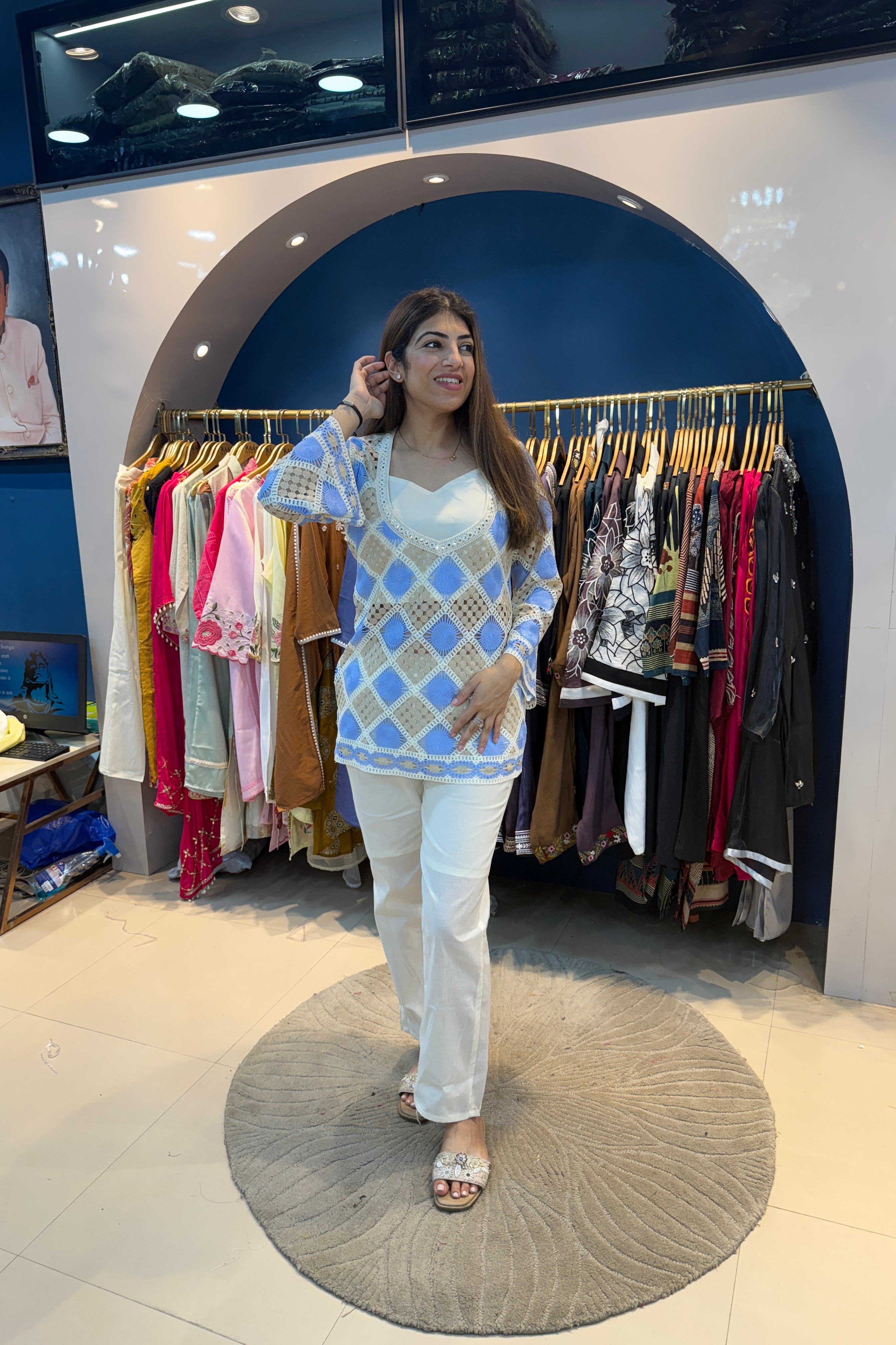 3pc Kora Cotton Co-ord Set With Short Inner Blouse
