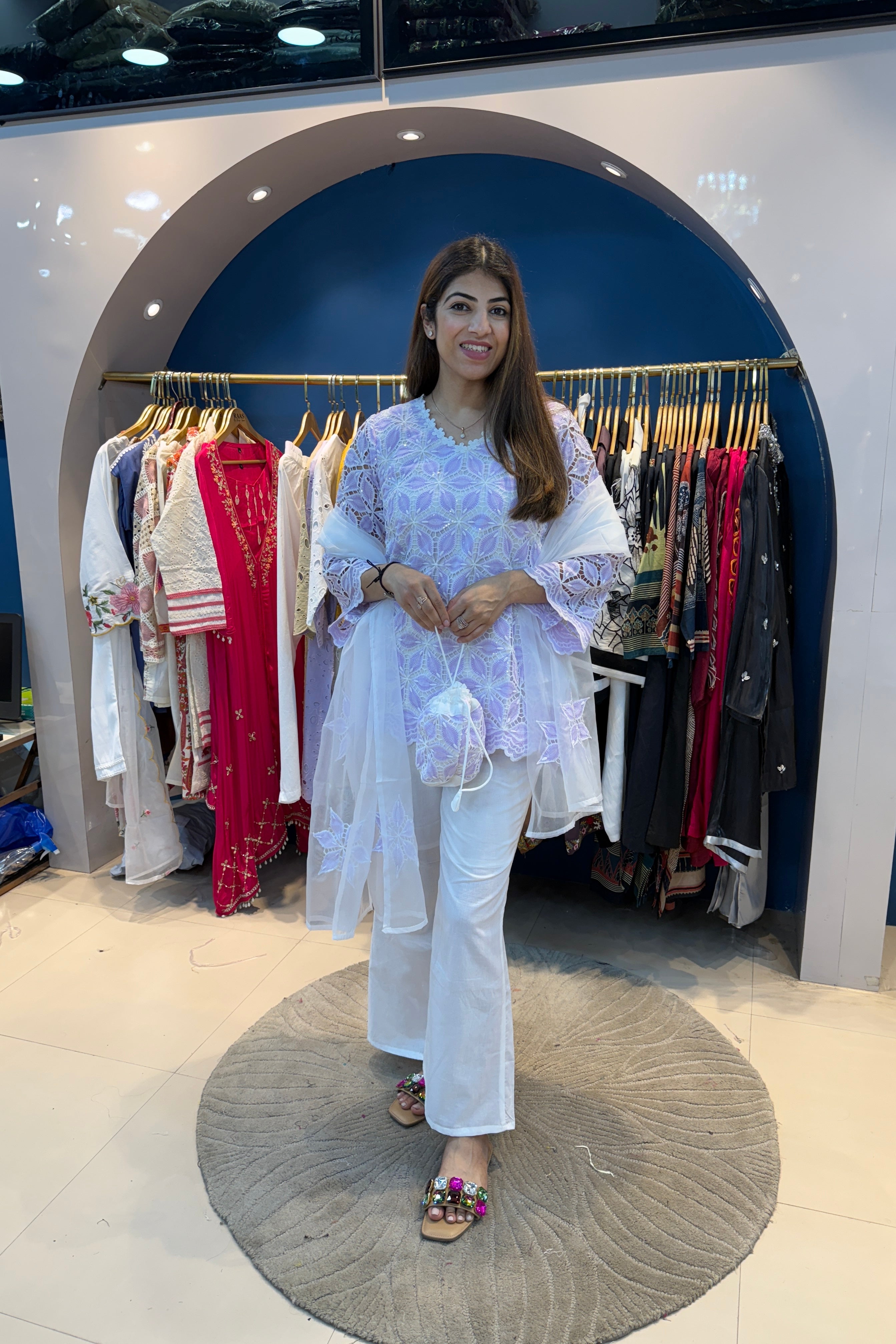 3pc Schiffili Cotton Suit With Organza Dupatta And Potli