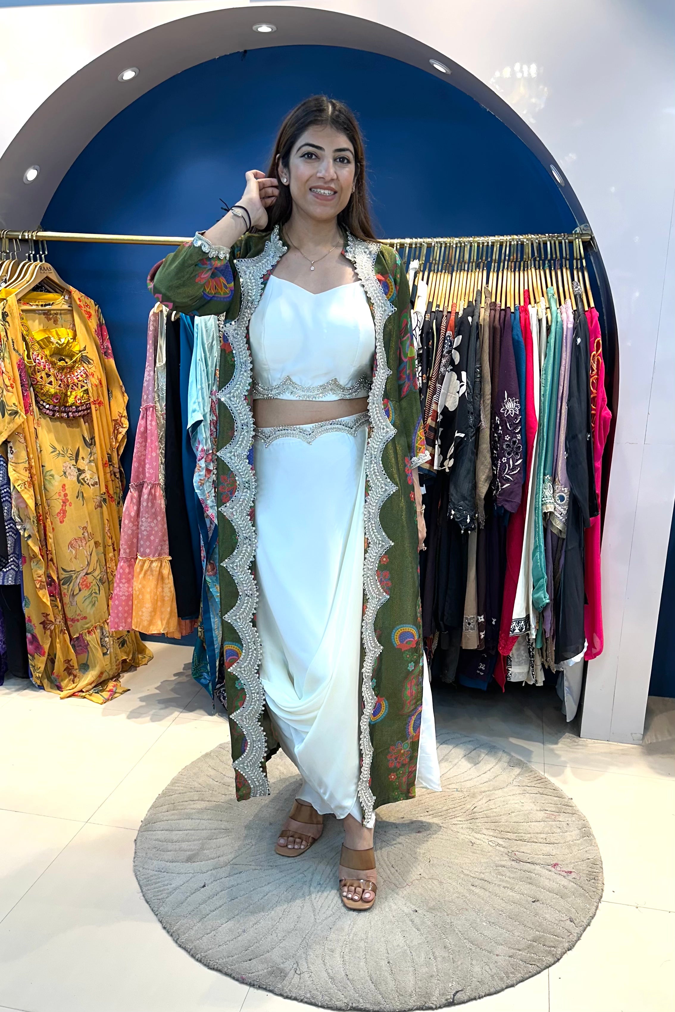 3pc Partywear Indo-western Paired With Drape Skirt