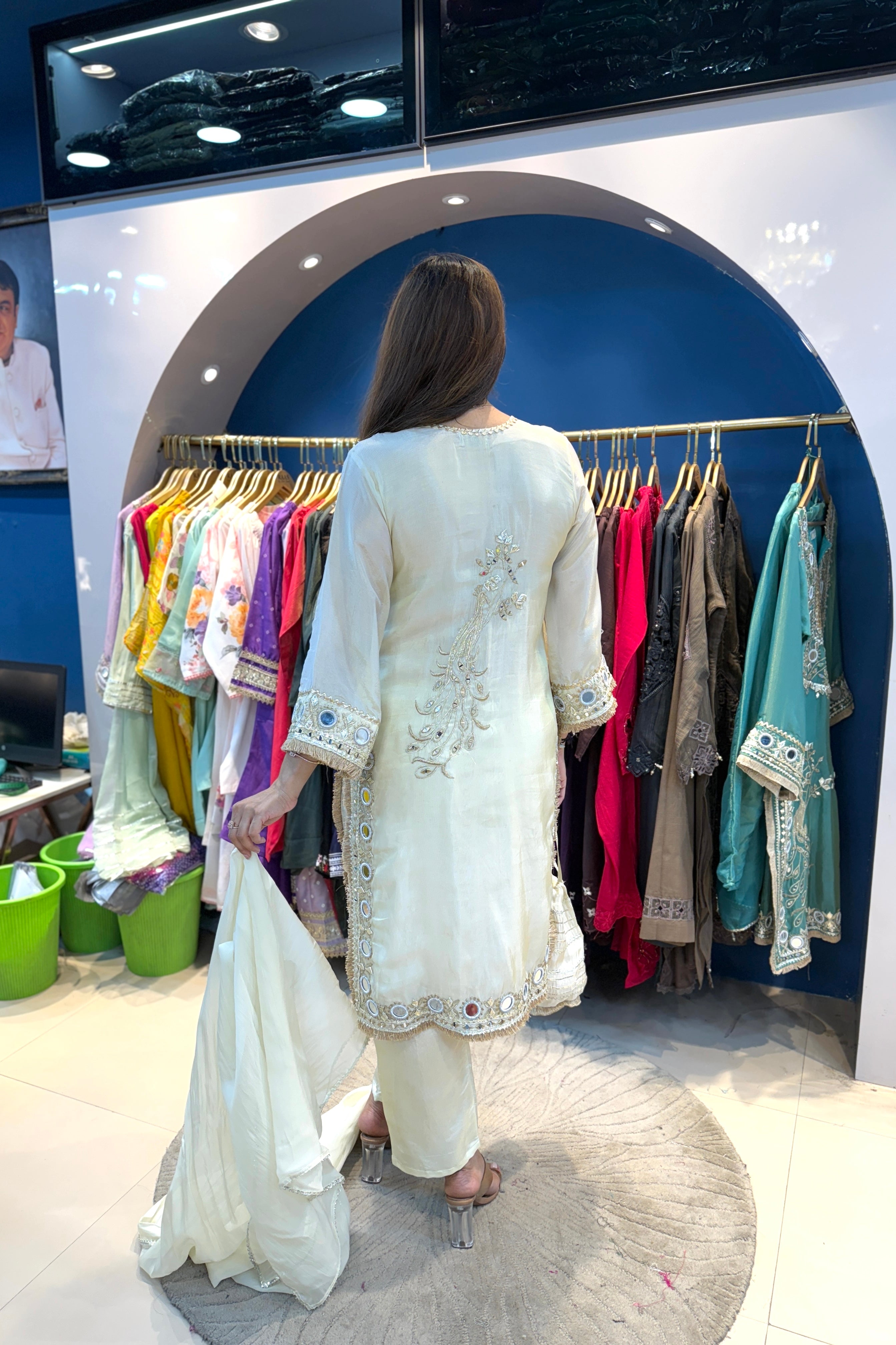 3pc Shimmer Tissue Partywear Pakistani Suit With Potli