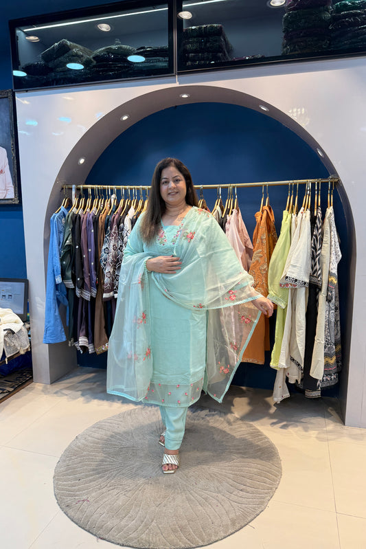 3pc Cotton Suit With Organza Dupatta