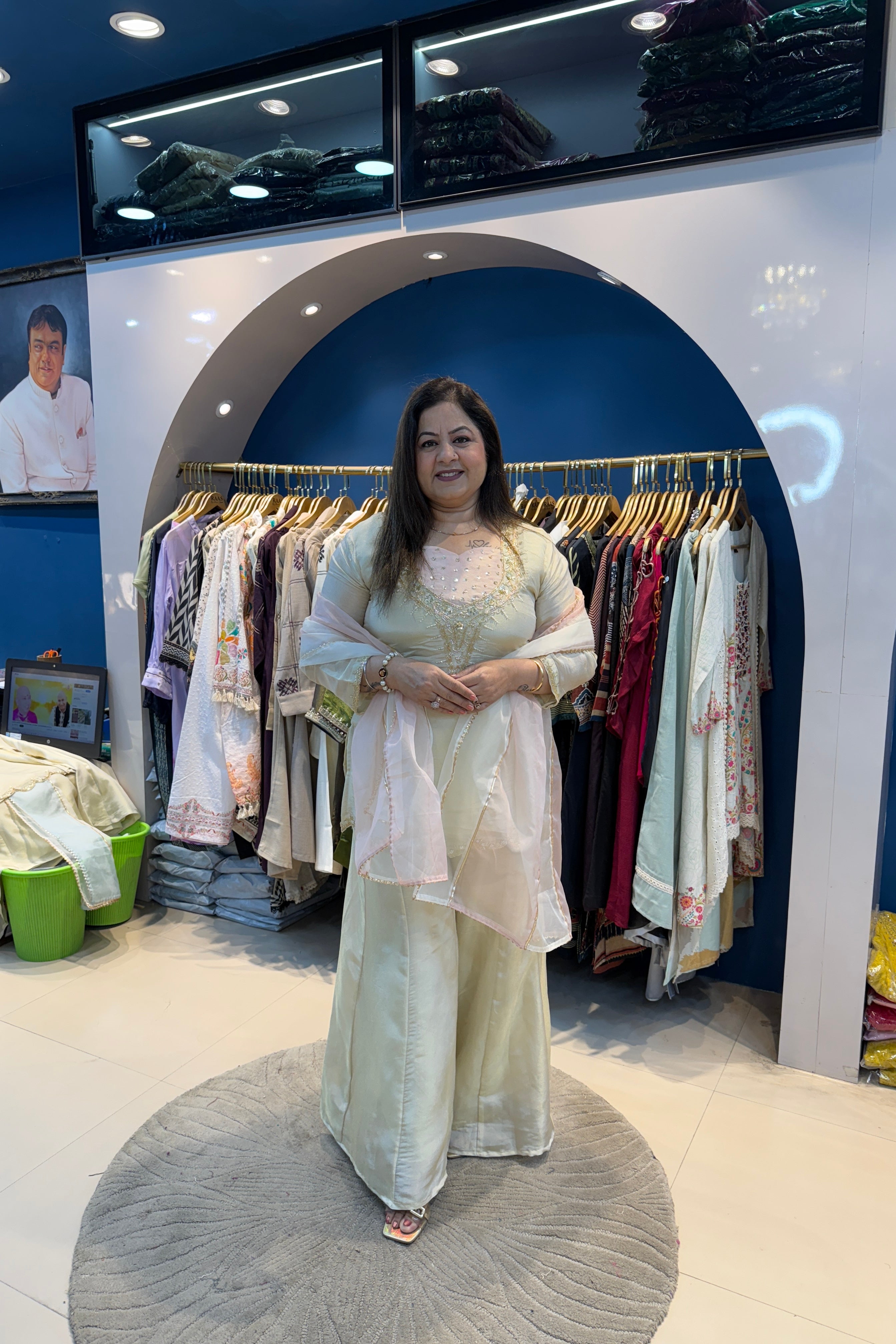 3pc Shimmer Tissue Partywear Suit With Organza Dupatta Paired With Divider Plazzo