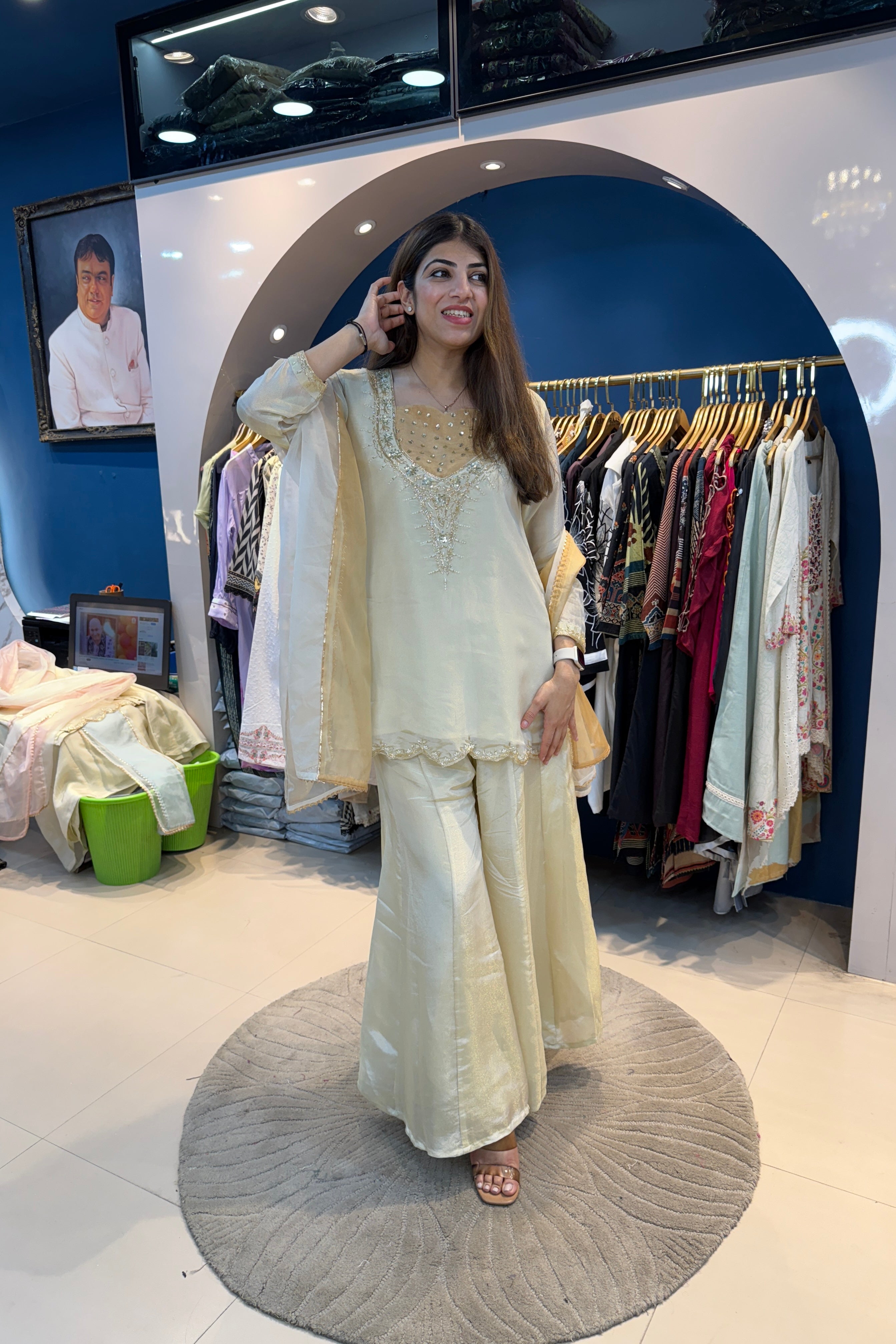 3pc Shimmer Tissue Partywear Suit With Organza Dupatta Paired With Divider Plazzo