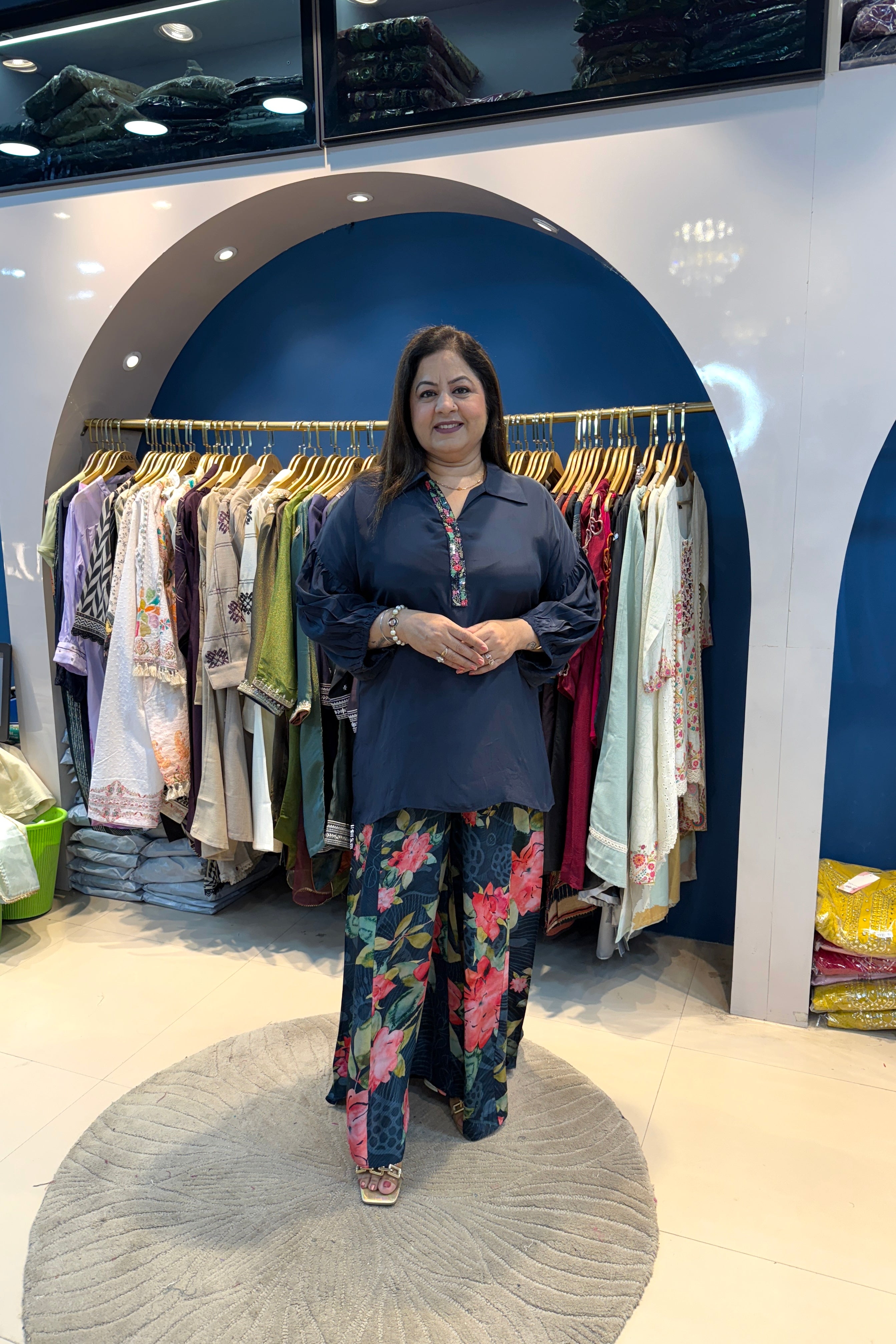 3pc Crepe Partywear Indo-western Set Paired With Floral Plazzo
