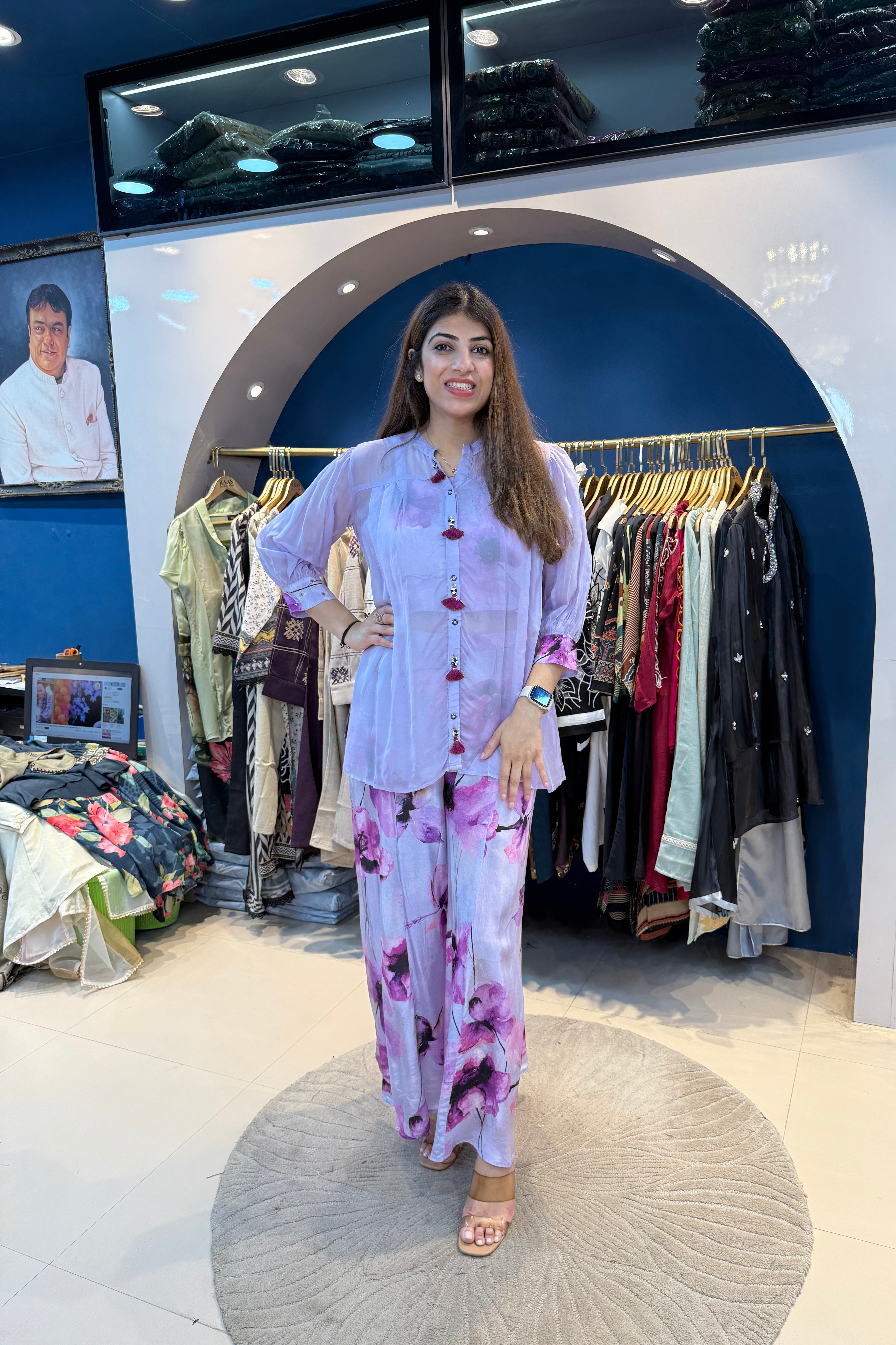 3pc Indowestern Set With Printed Inner Bust Air And Paired With Printed Floral Plazzo