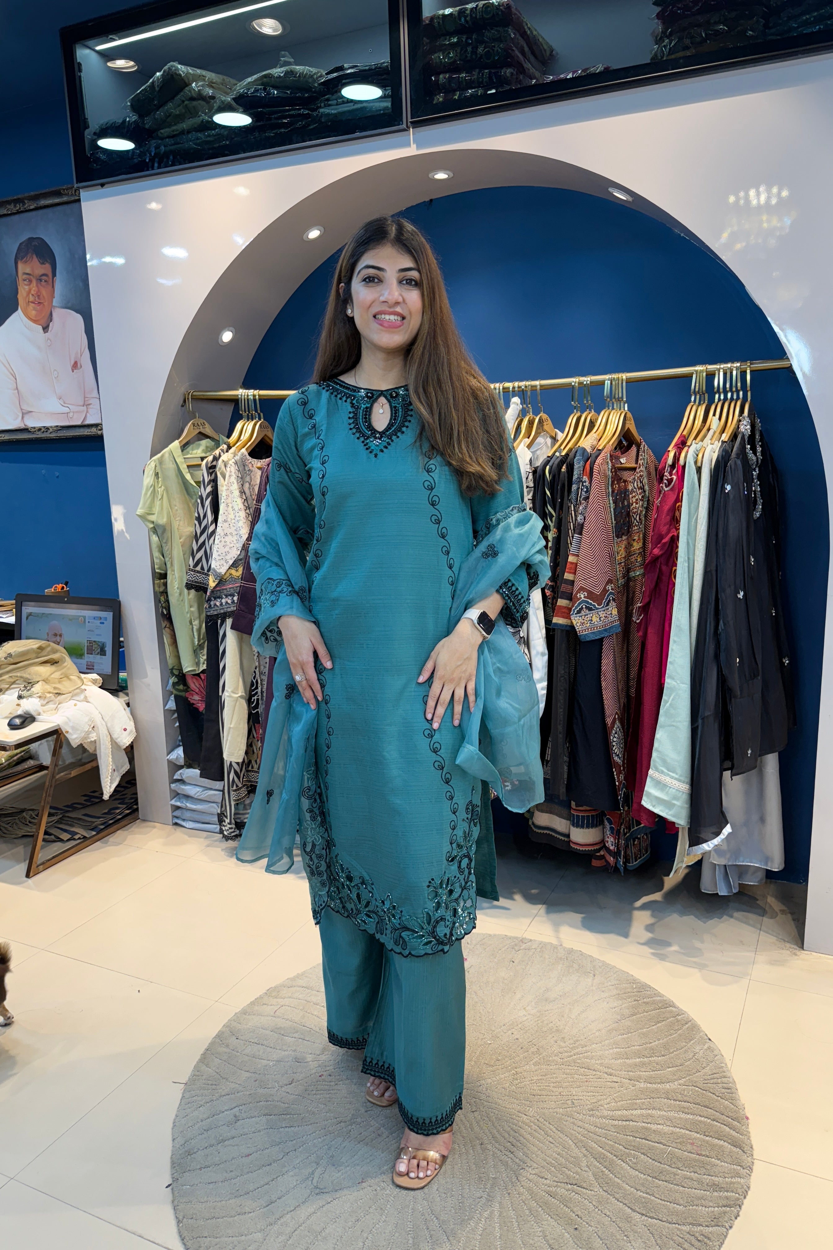 3pc Cotton Partywear Pakistani Suit With Organza Dupatta