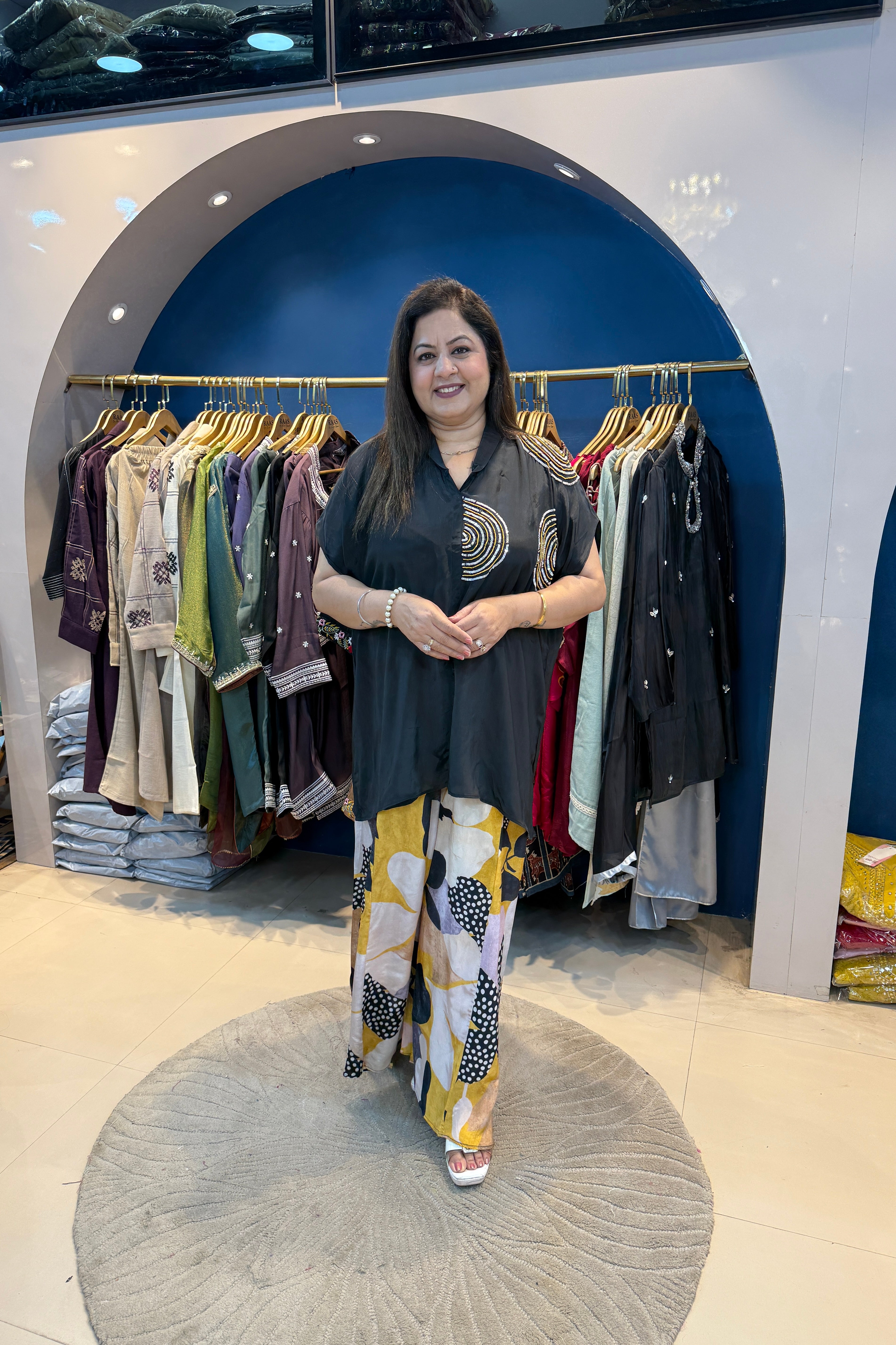 2pc Partywear Crepe Indo-western Set Paired With Floral Plazzo