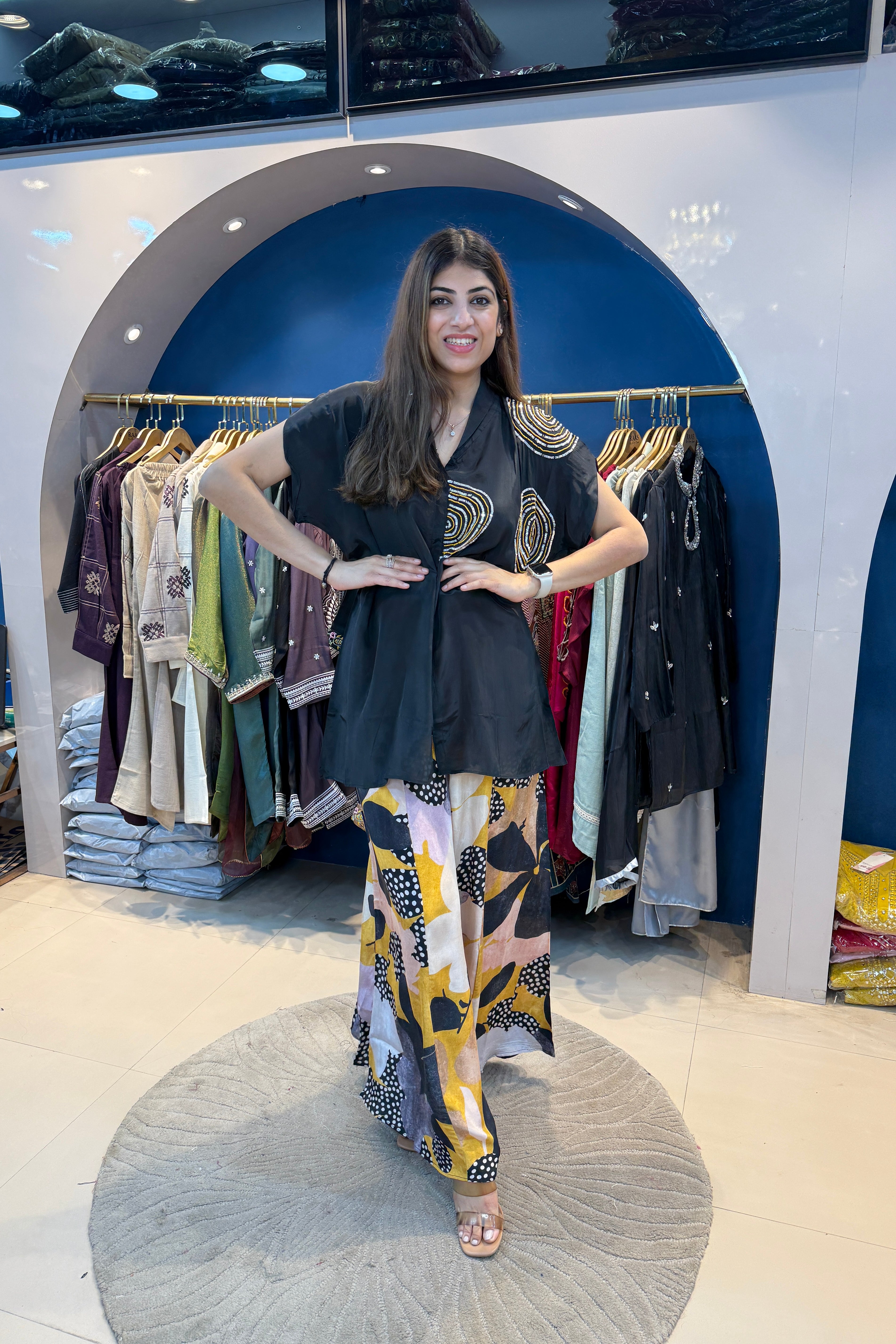 2pc Partywear Crepe Indo-western Set Paired With Floral Plazzo