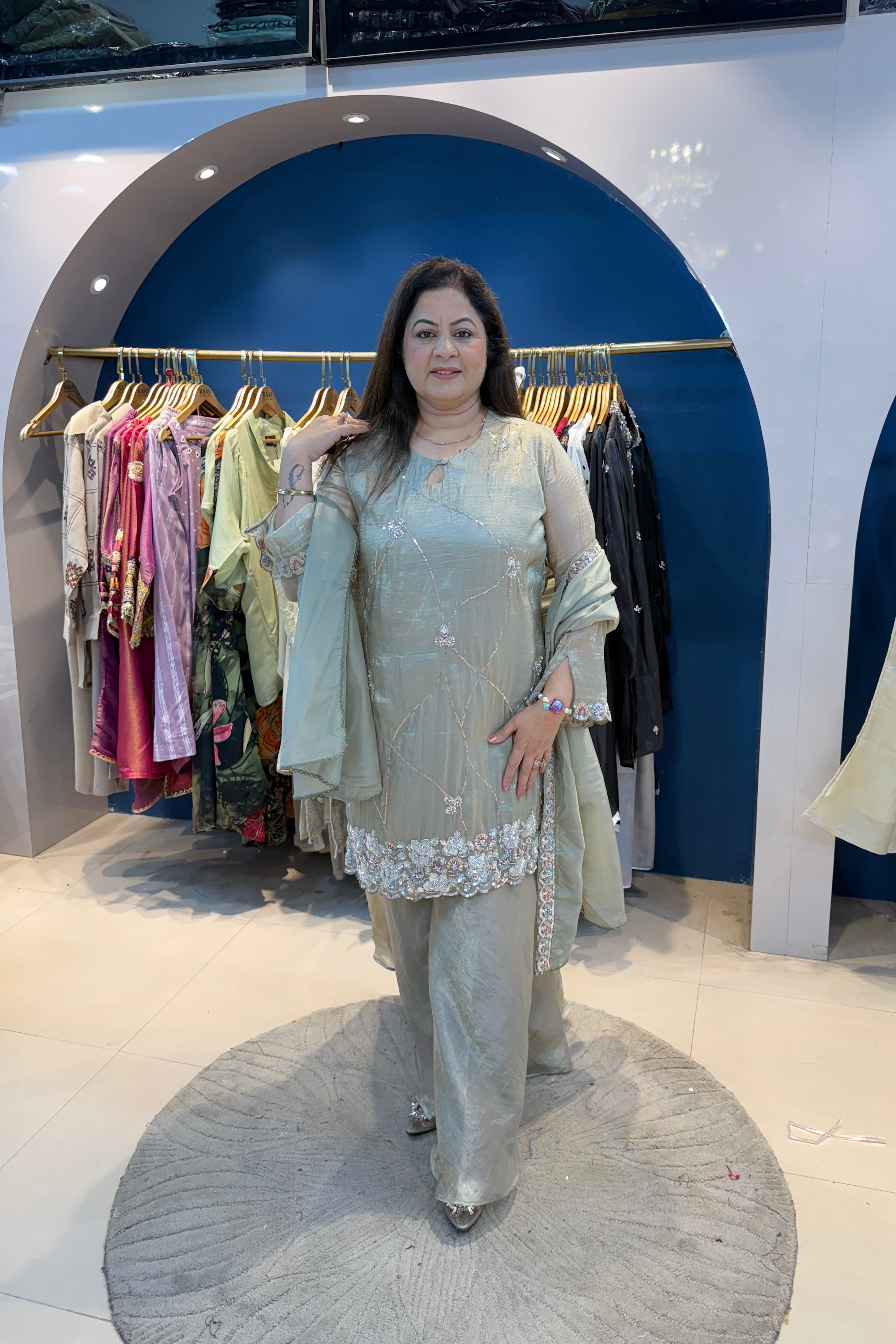 3pc Shimmer Tissue Partywear Suit Paired With Divider Plazzo