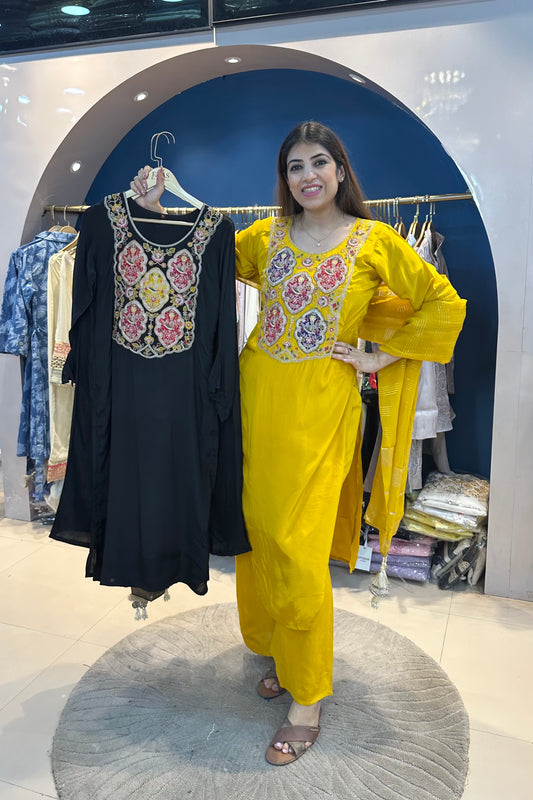 3pc Crepe Embroidered Suit Paired With Plazzo Pants And Organza Dupatta