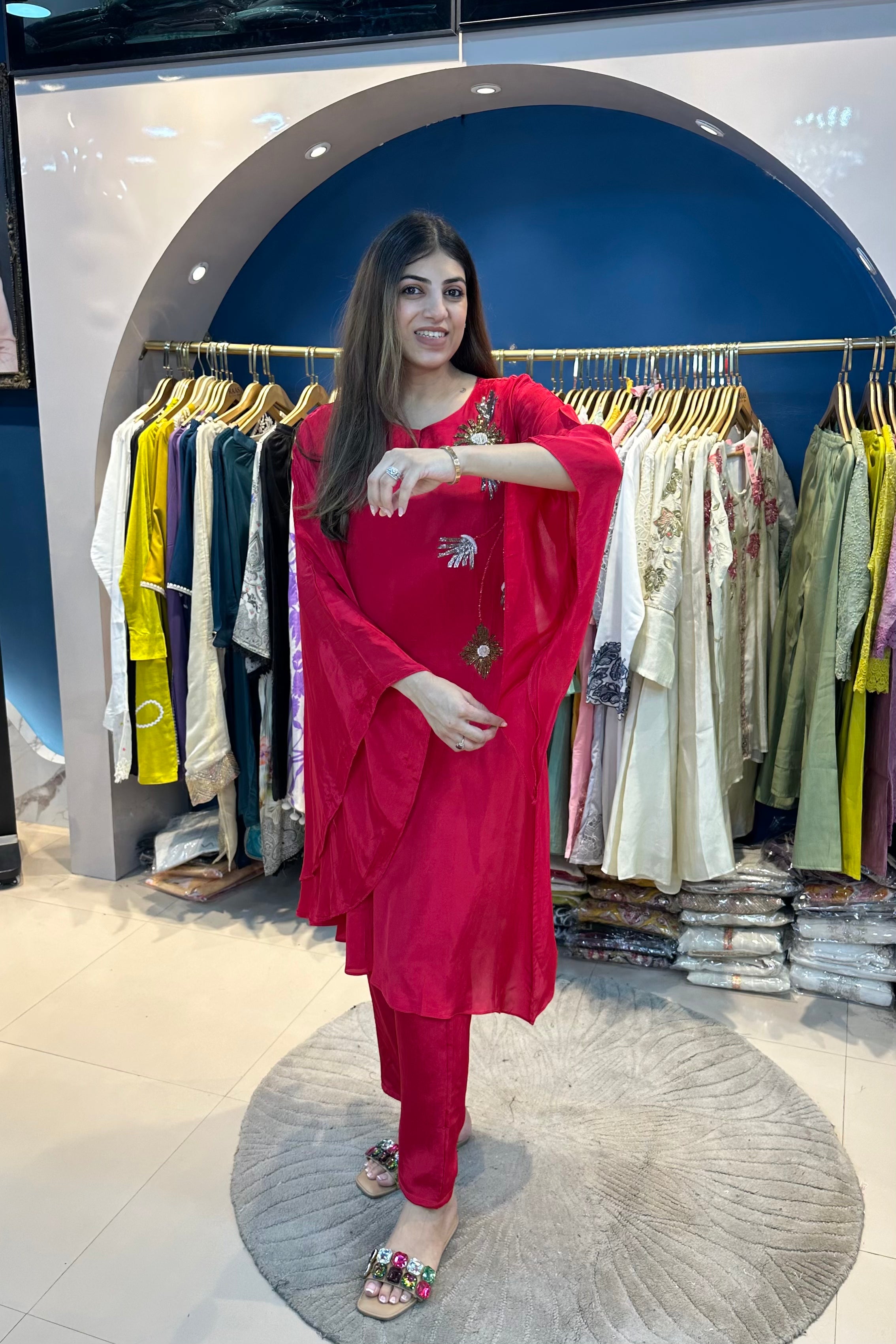 3pc Crepe Embroidered Kaftan Set Paired With Short Inner Bust Air