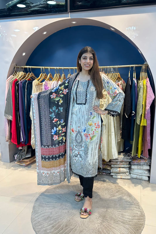 2pc Crepe Printed Partywear Suit With Printed Dupatta