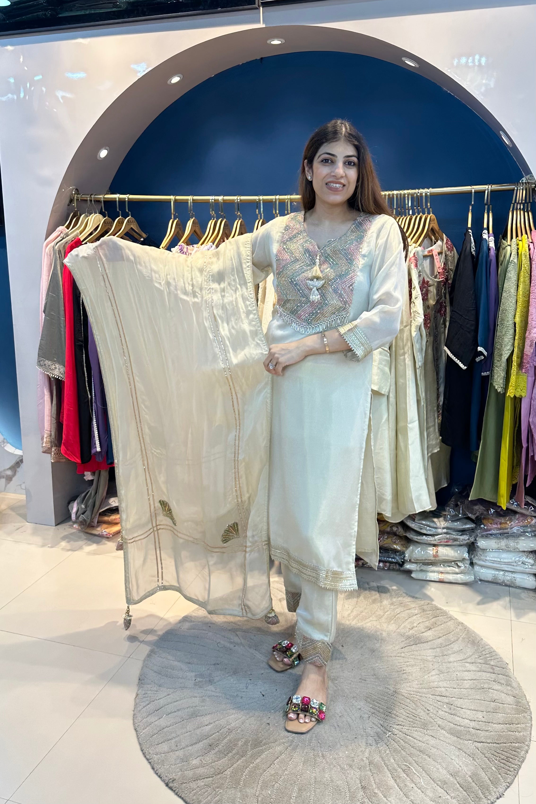 3pc Shimmer-Tissue Partywear Suit With Organza Dupatta