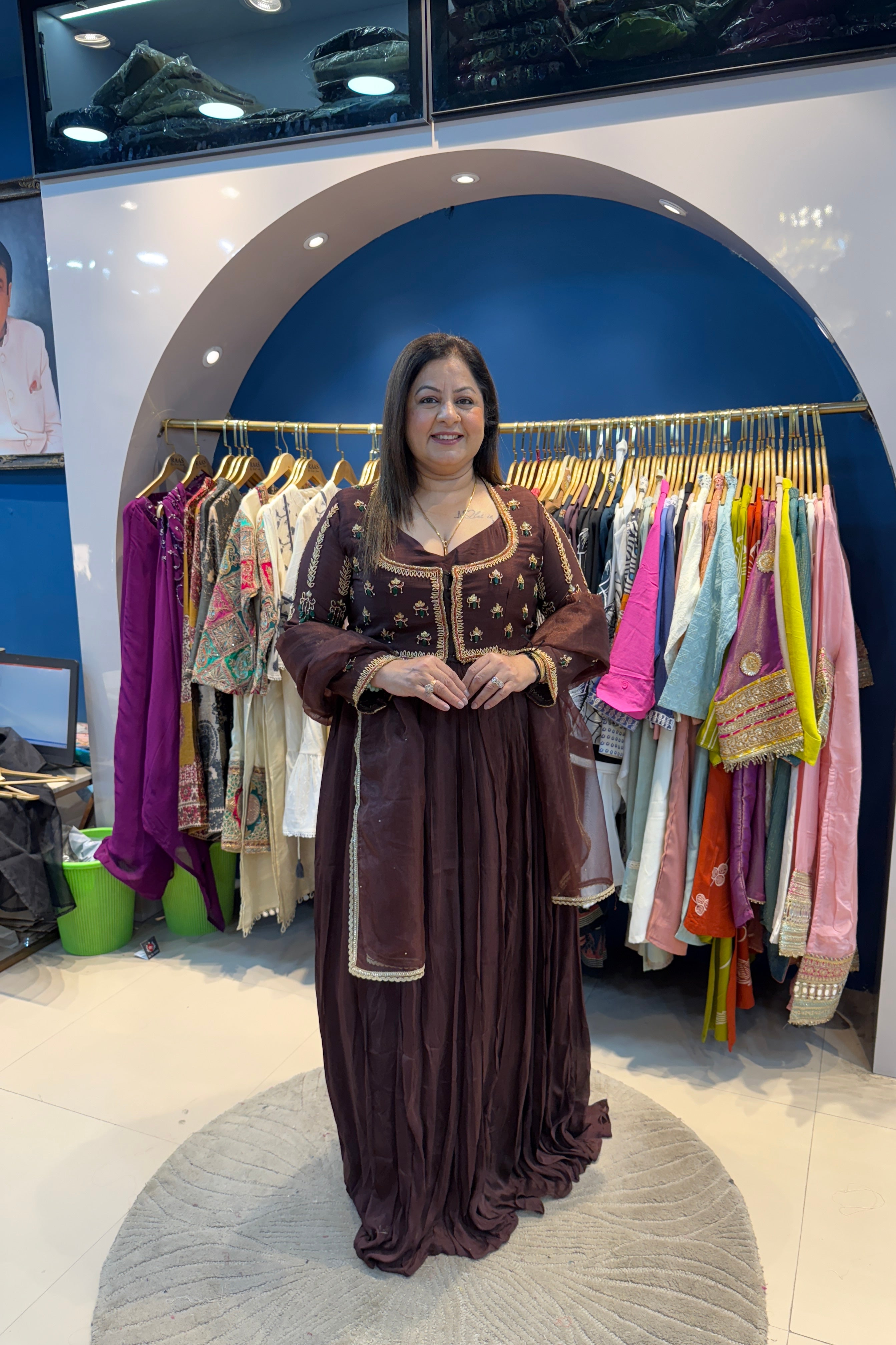 3pc Chinon Partywear Dress Paired With Short Blouse Jacket And Organza Dupatta