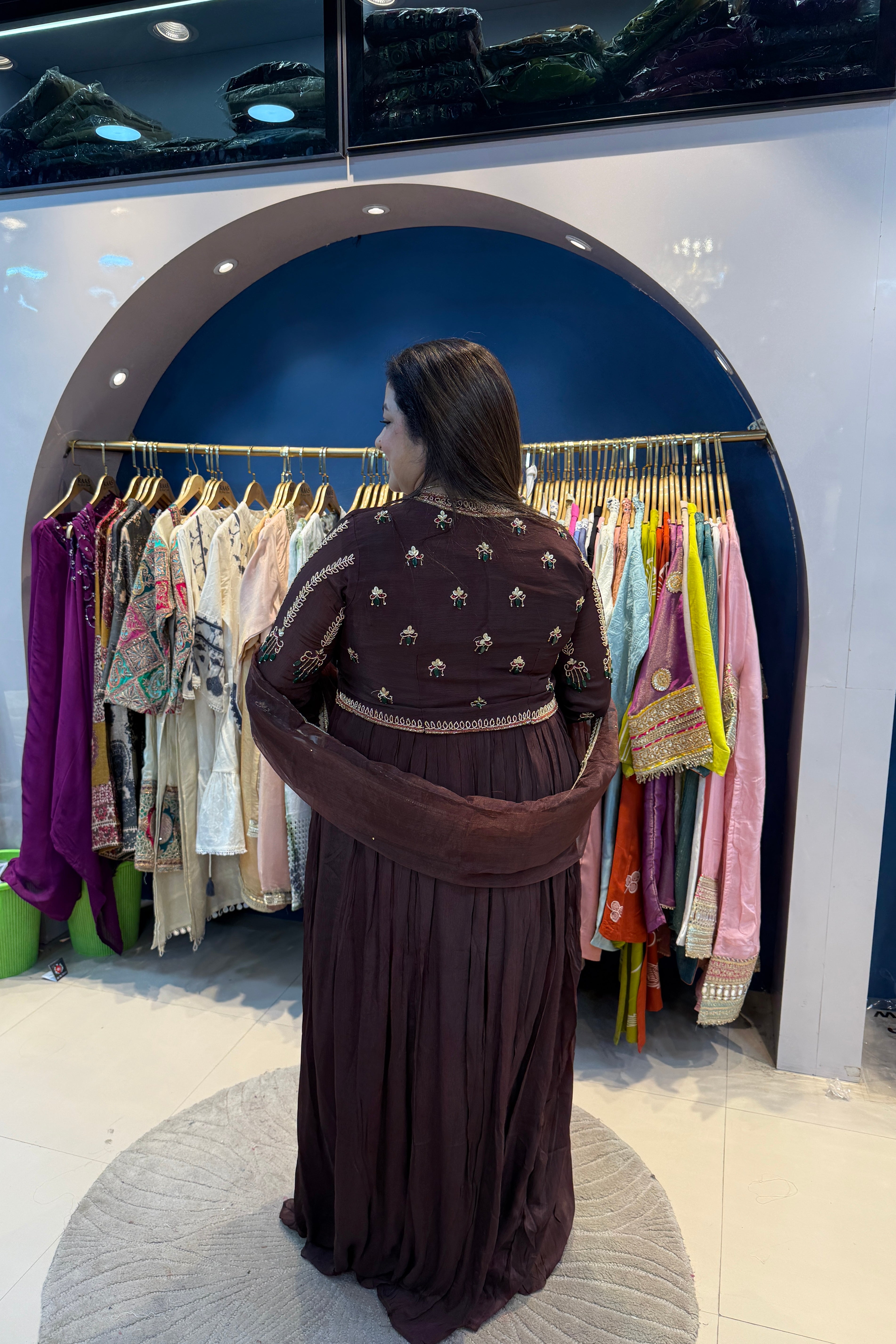 3pc Chinon Partywear Dress Paired With Short Blouse Jacket And Organza Dupatta