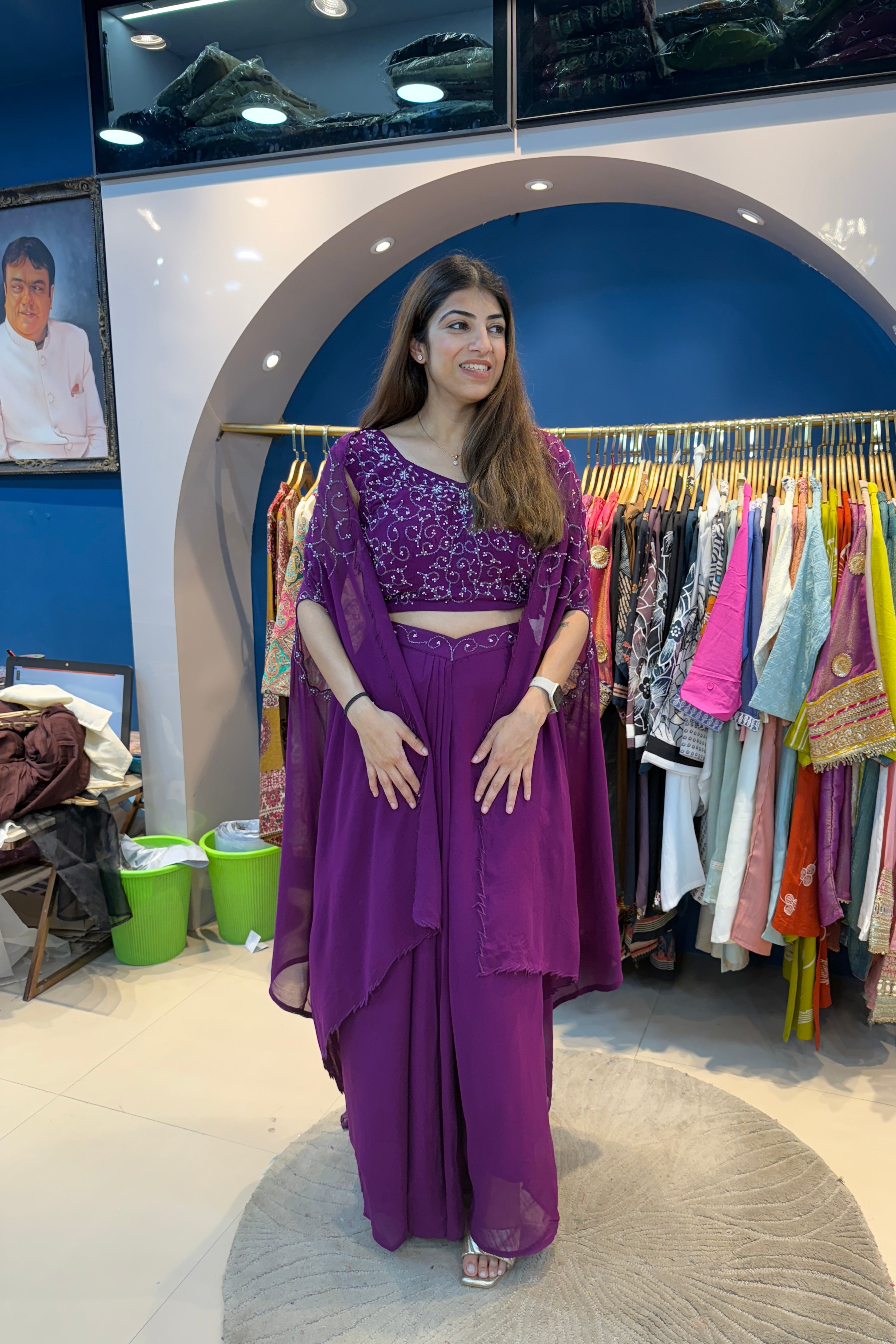 3pc Partywear Crepe Indo-western Set With Drape Skirt And Long Cape