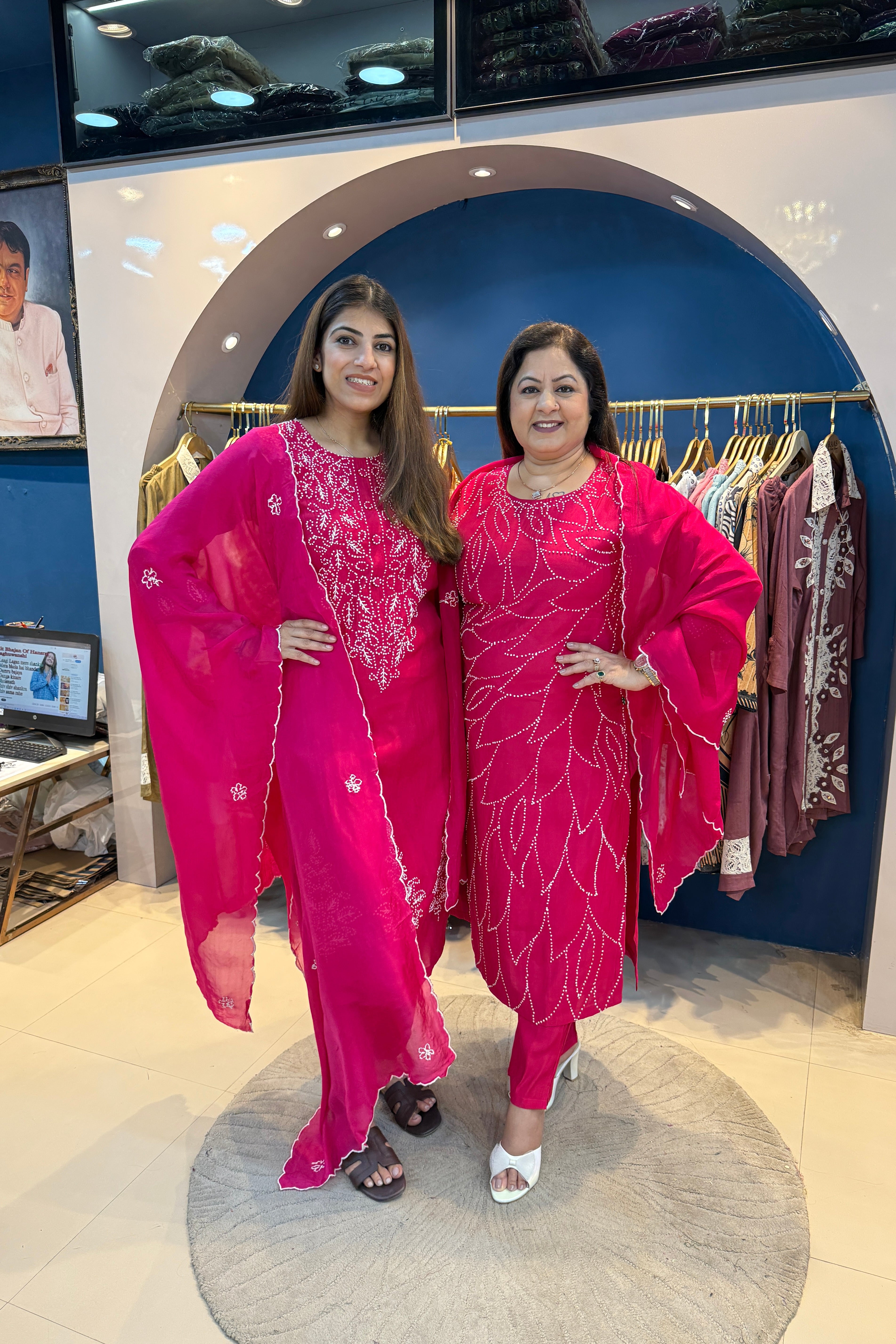 3pc Cotton Kantha Work Suit With Organza Dupatta