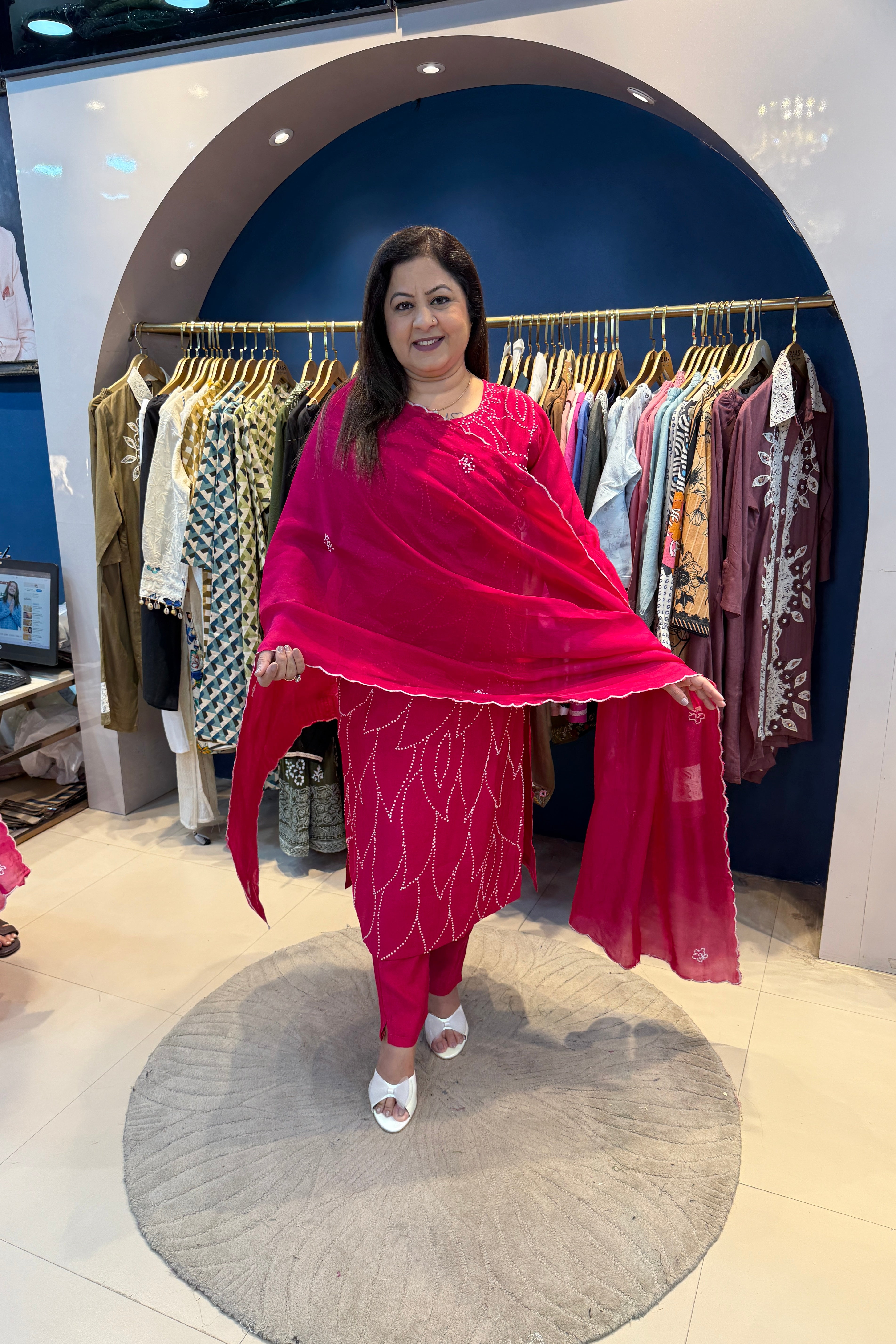3pc Cotton Kantha Work Suit With Organza Dupatta