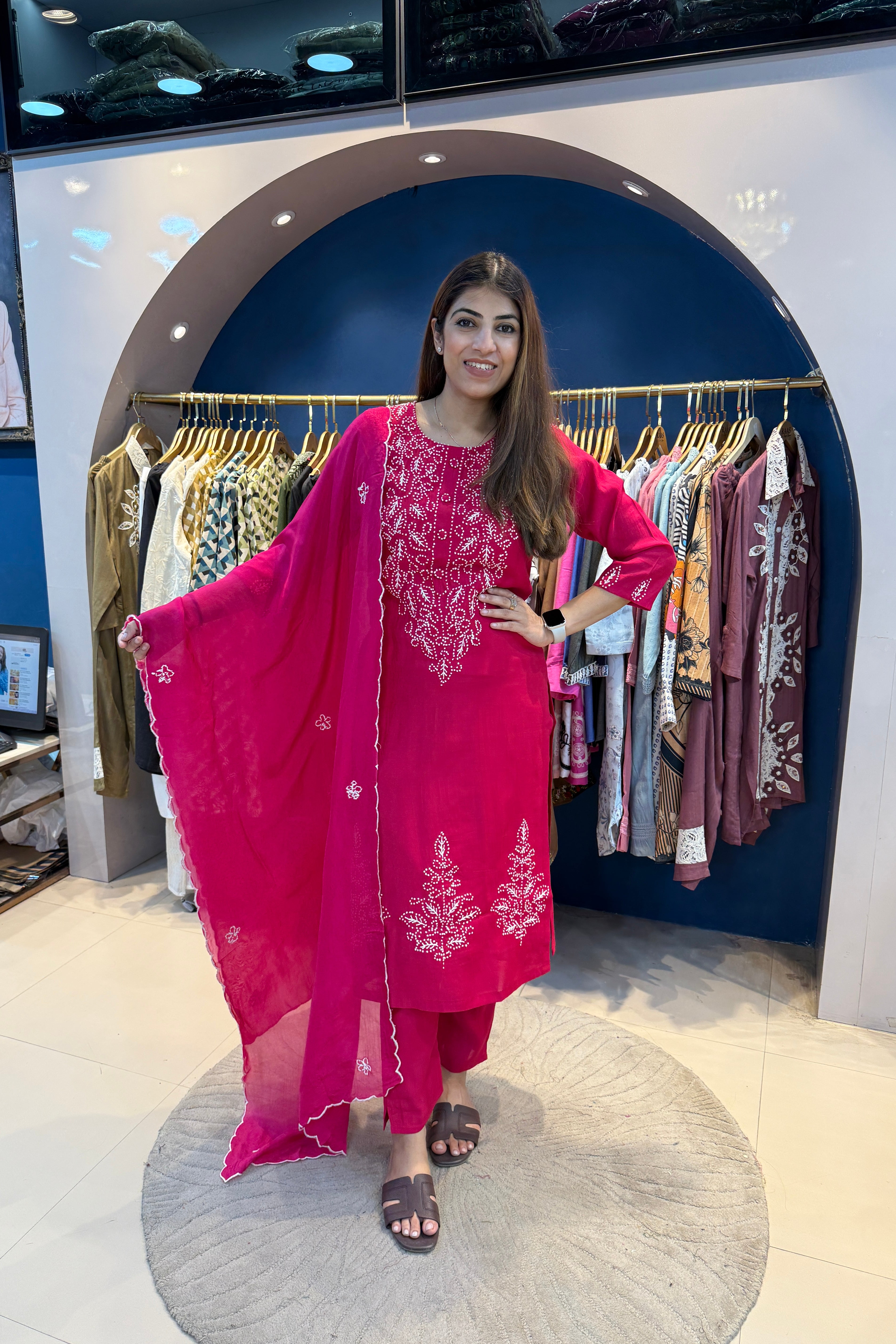 3pc Cotton Kantha Work Suit With Organza Dupatta