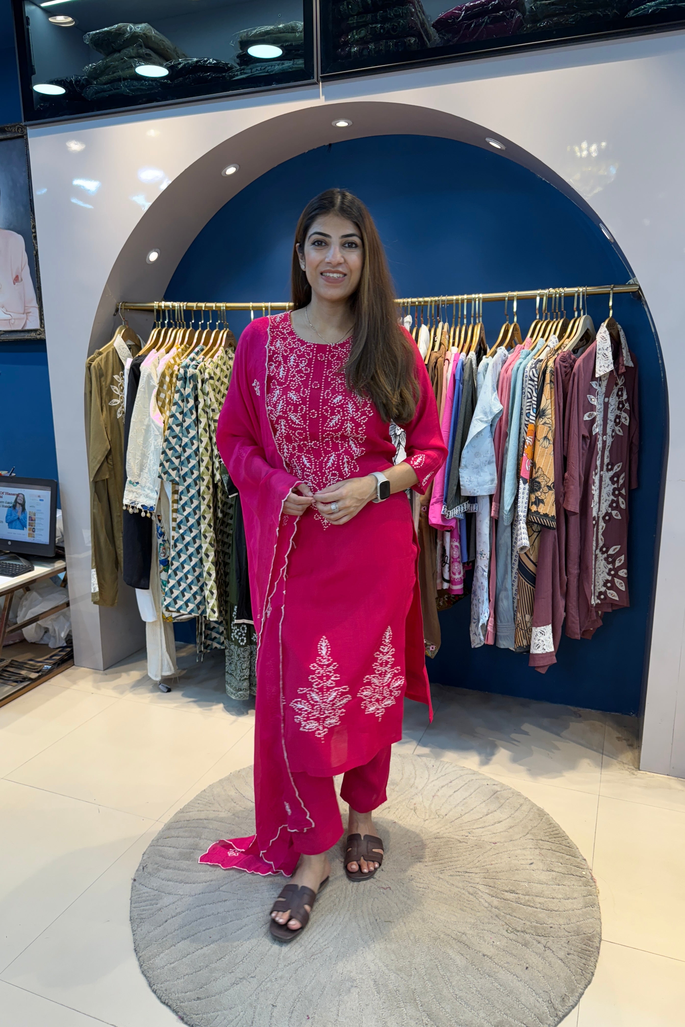 3pc Cotton Kantha Work Suit With Organza Dupatta