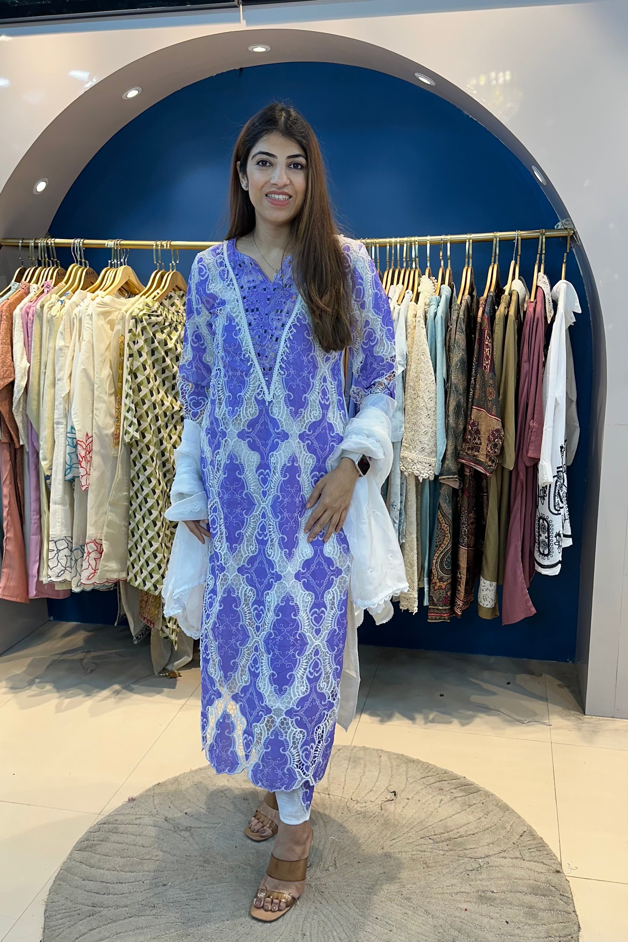 3pc Schiffli Cotton Pakistani Suit With Organza Dupatta