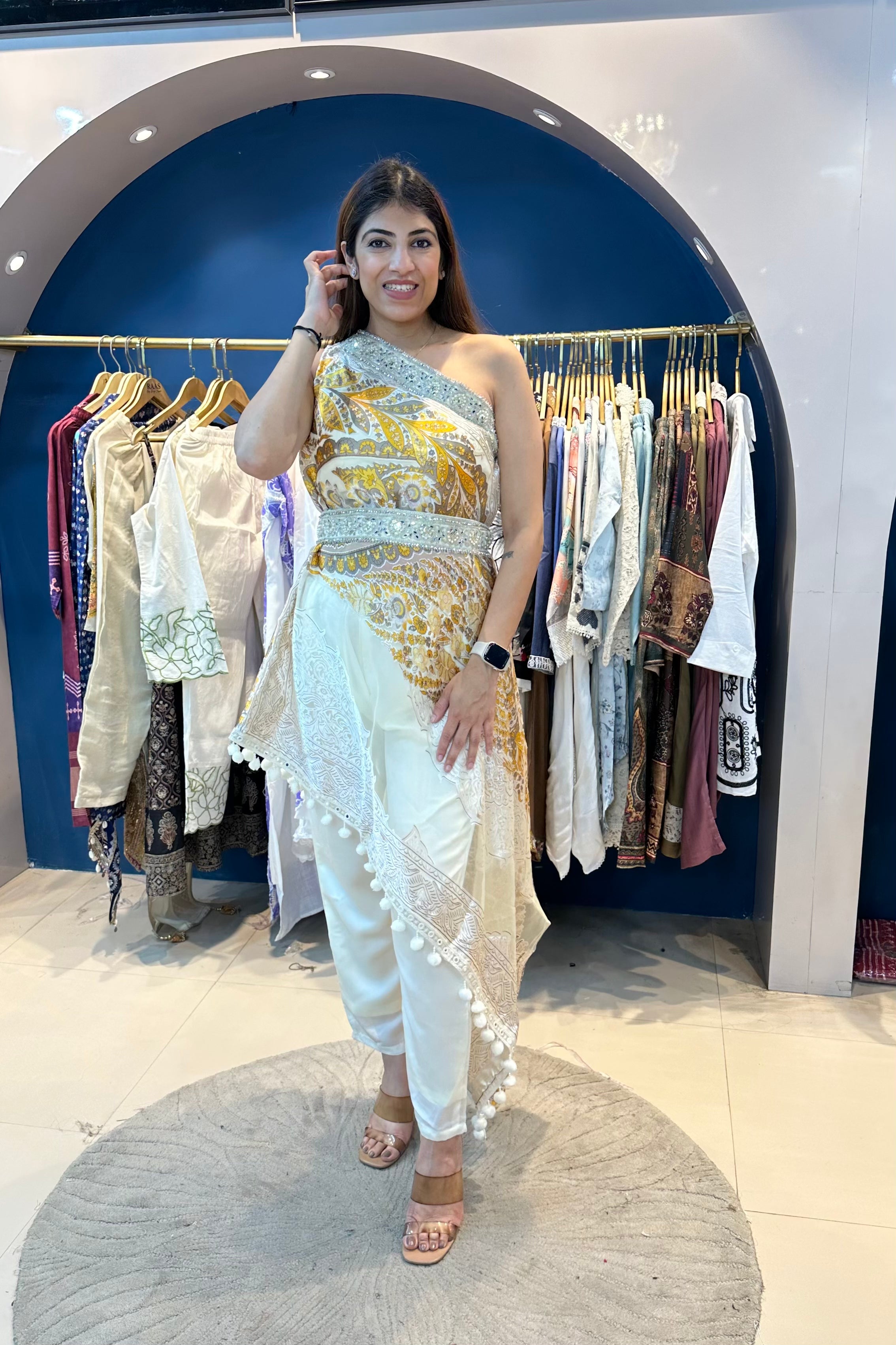 One-Shoulder Partywear Indo-western Set With Belt