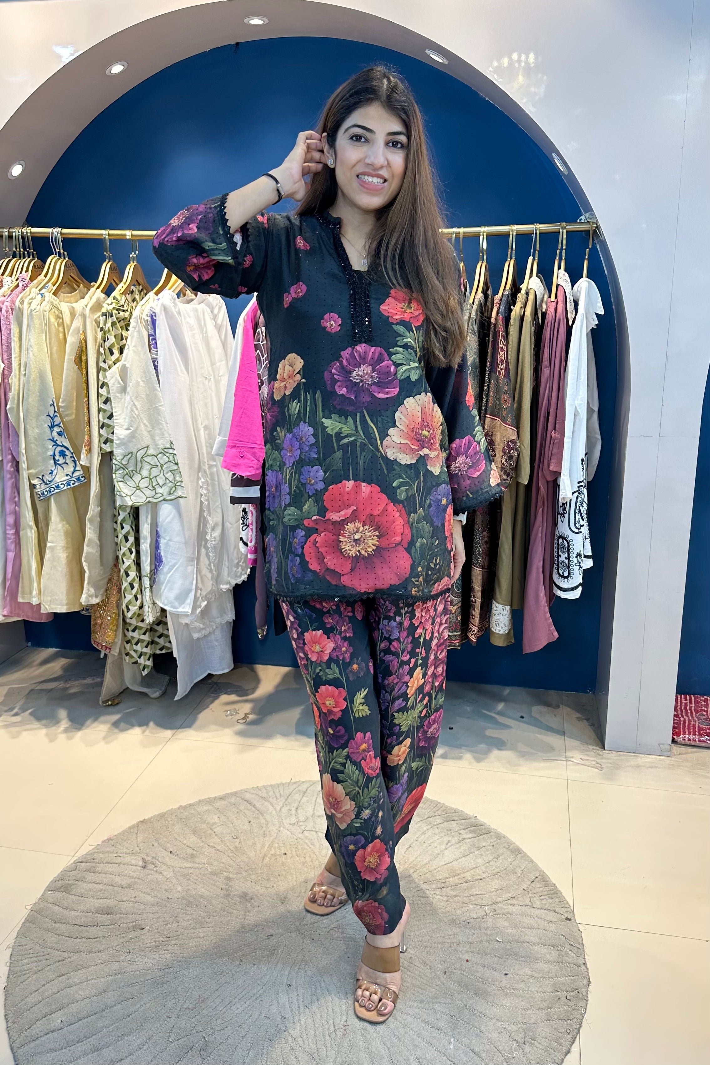 3pc Partywear Flower Co-ord Set With Short Inner