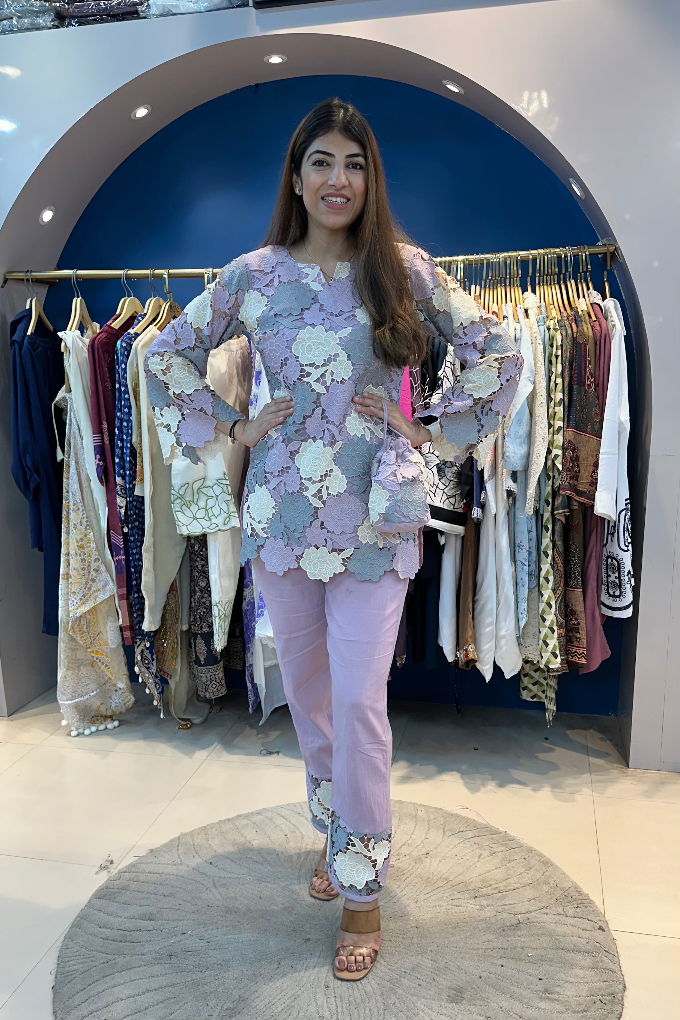 2pc Schiffli Cotton Co-ord Set With Potli