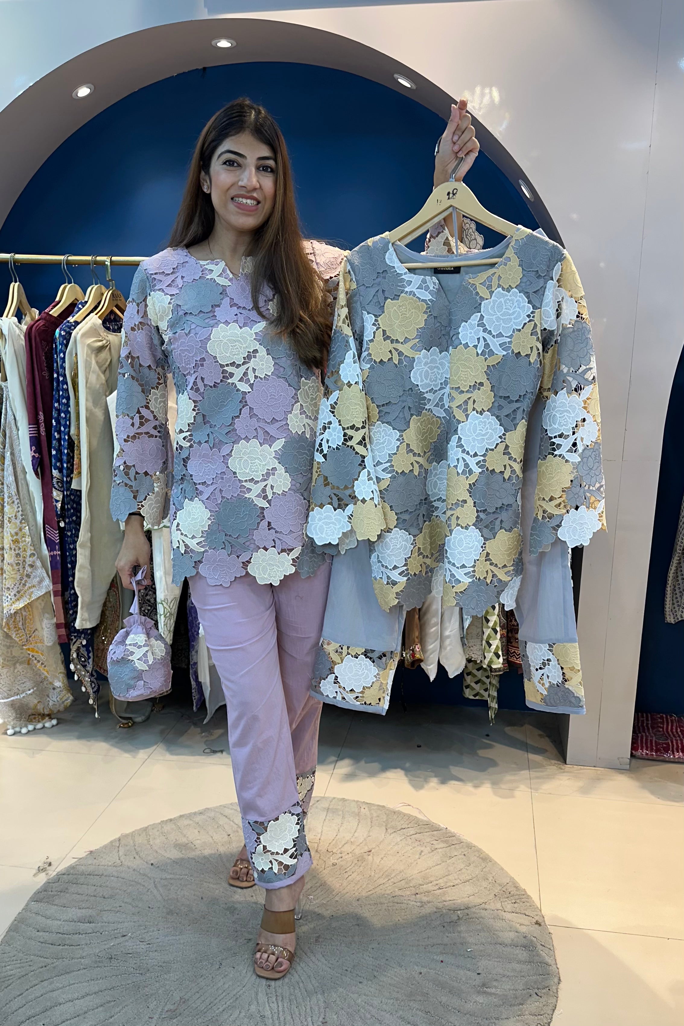 2pc Schiffli Cotton Co-ord Set With Potli