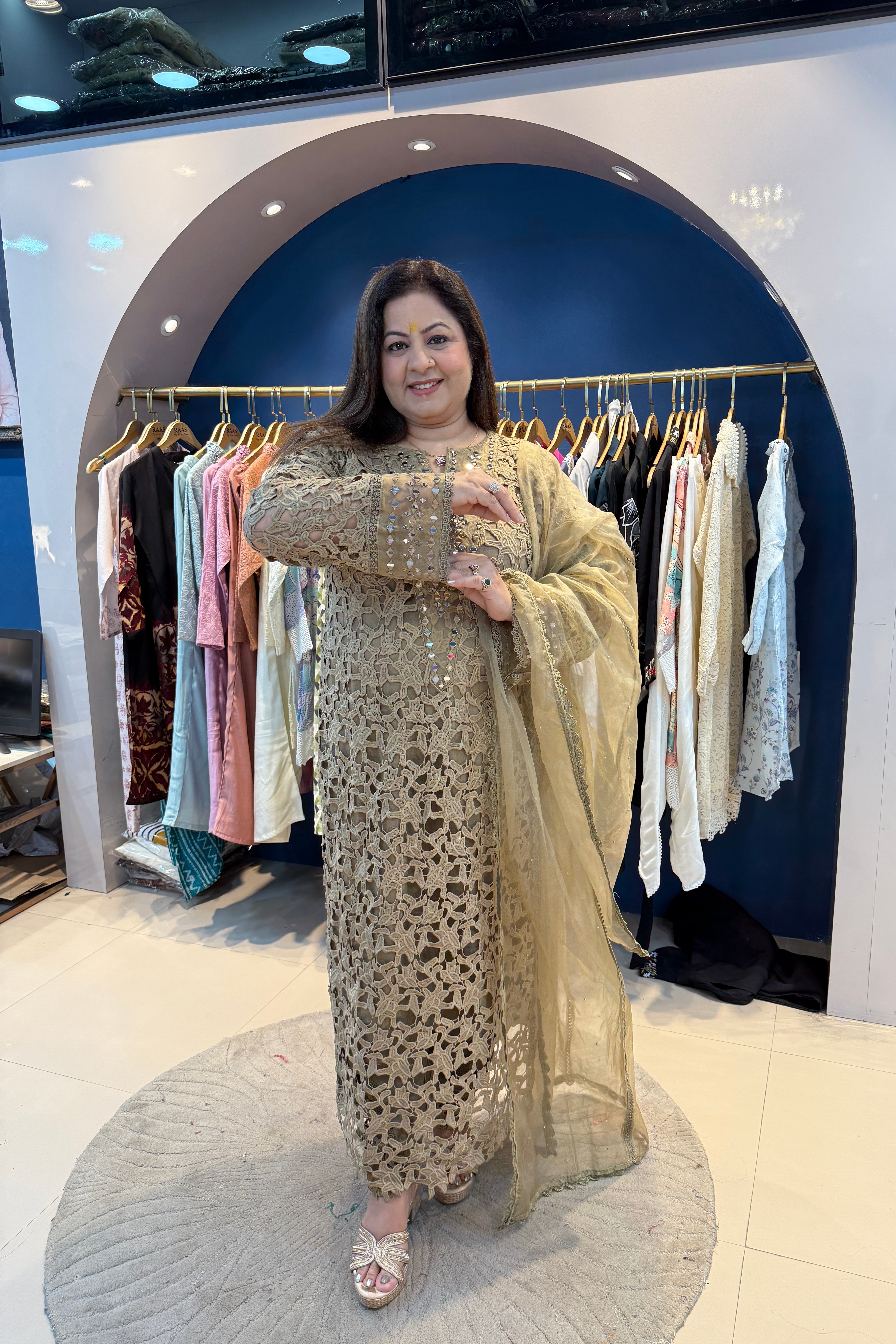 3pc Schiffli Cotton Suit With Organza Dupatta