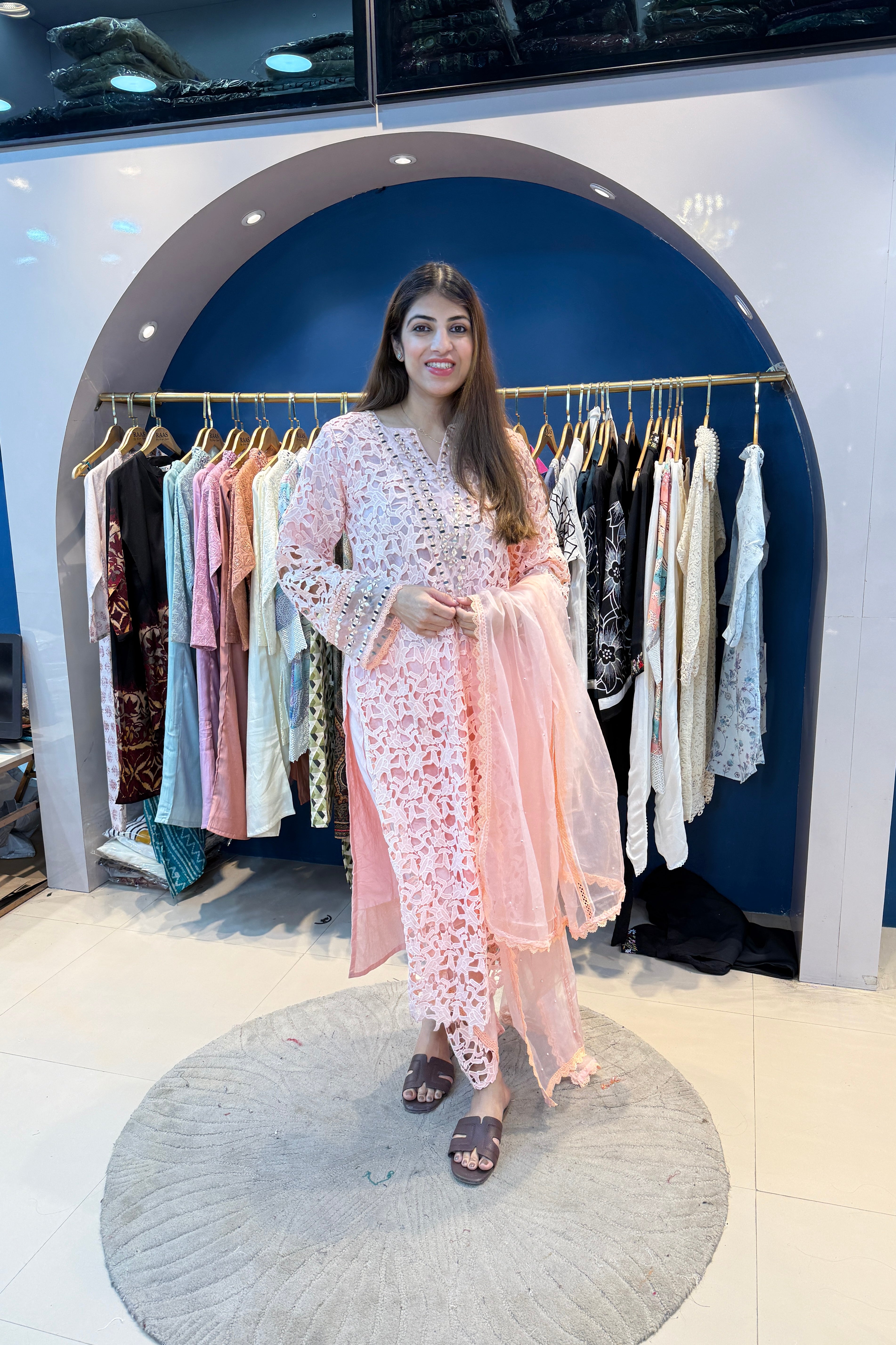 3pc Schiffli Cotton Suit With Organza Dupatta