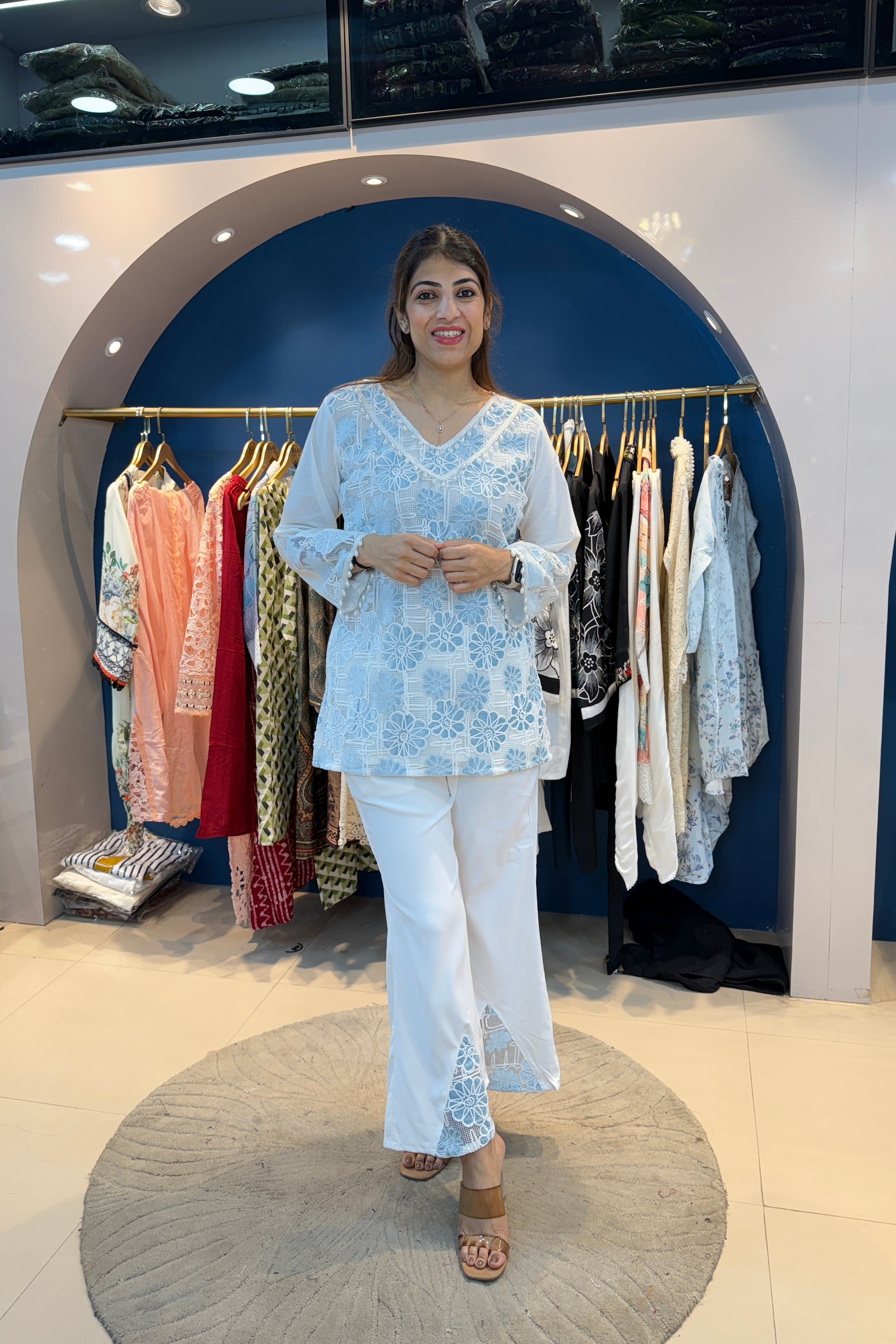 2pc Schiffli Cotton Co-ord Set Paired With Bell-bottom Pants
