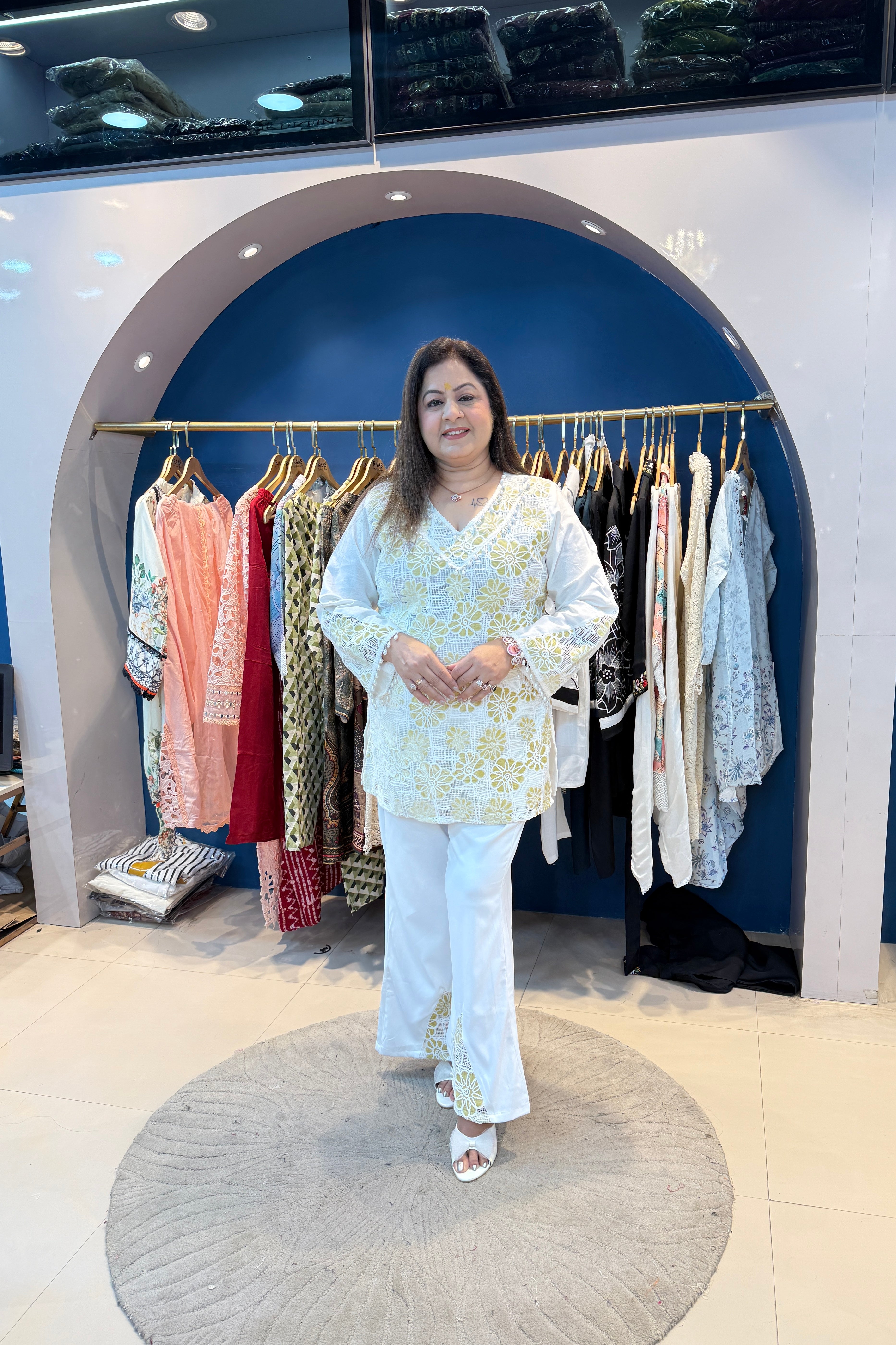 2pc Schiffli Cotton Co-ord Set Paired With Bell-bottom Pants