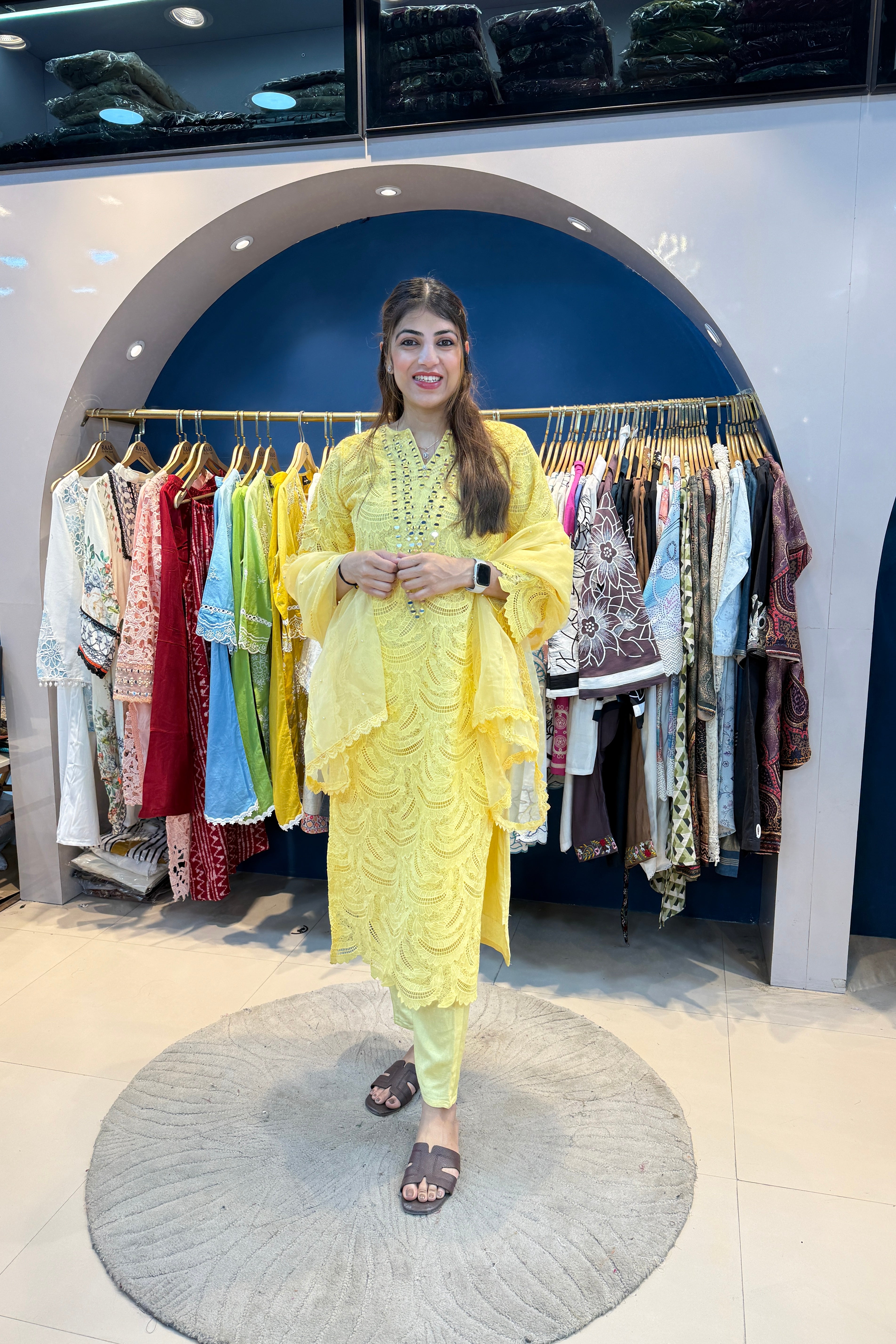 3pc Schiffli Cotton Suit With Organza Dupatta