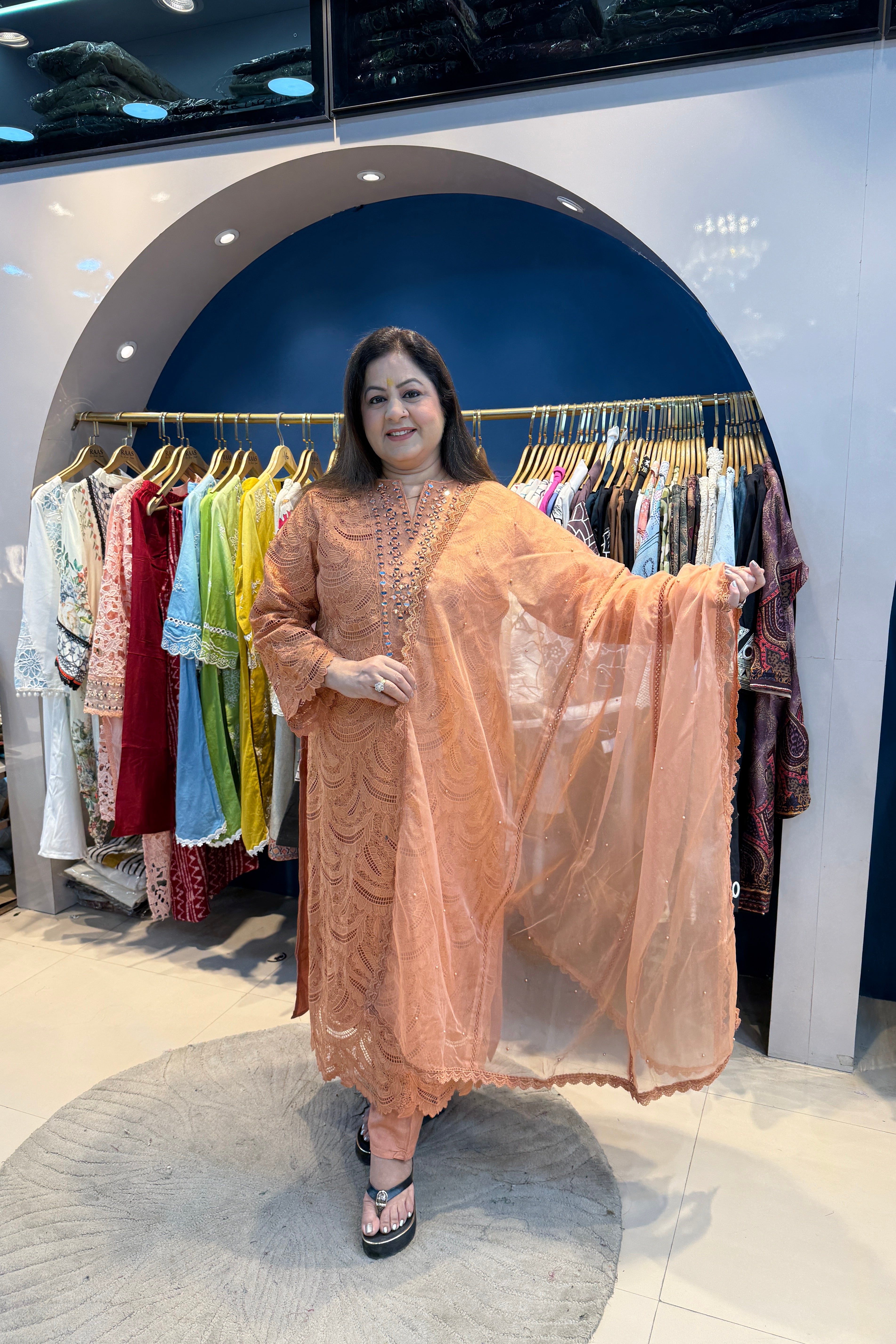 3pc Schiffli Cotton Suit With Organza Dupatta