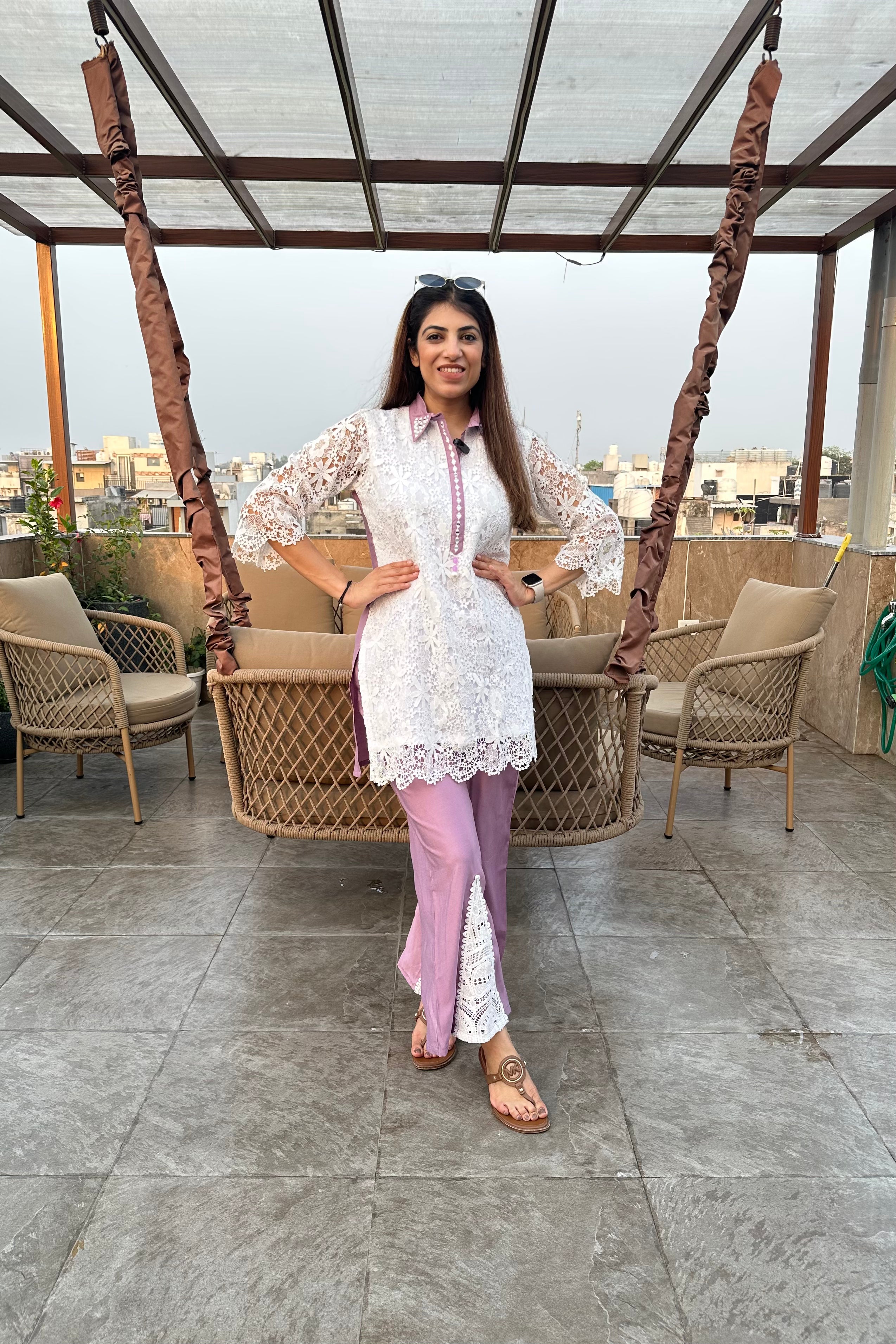 2pc Crochet-Cotton Co-ord Set Paired With Bell-Bottom Pants