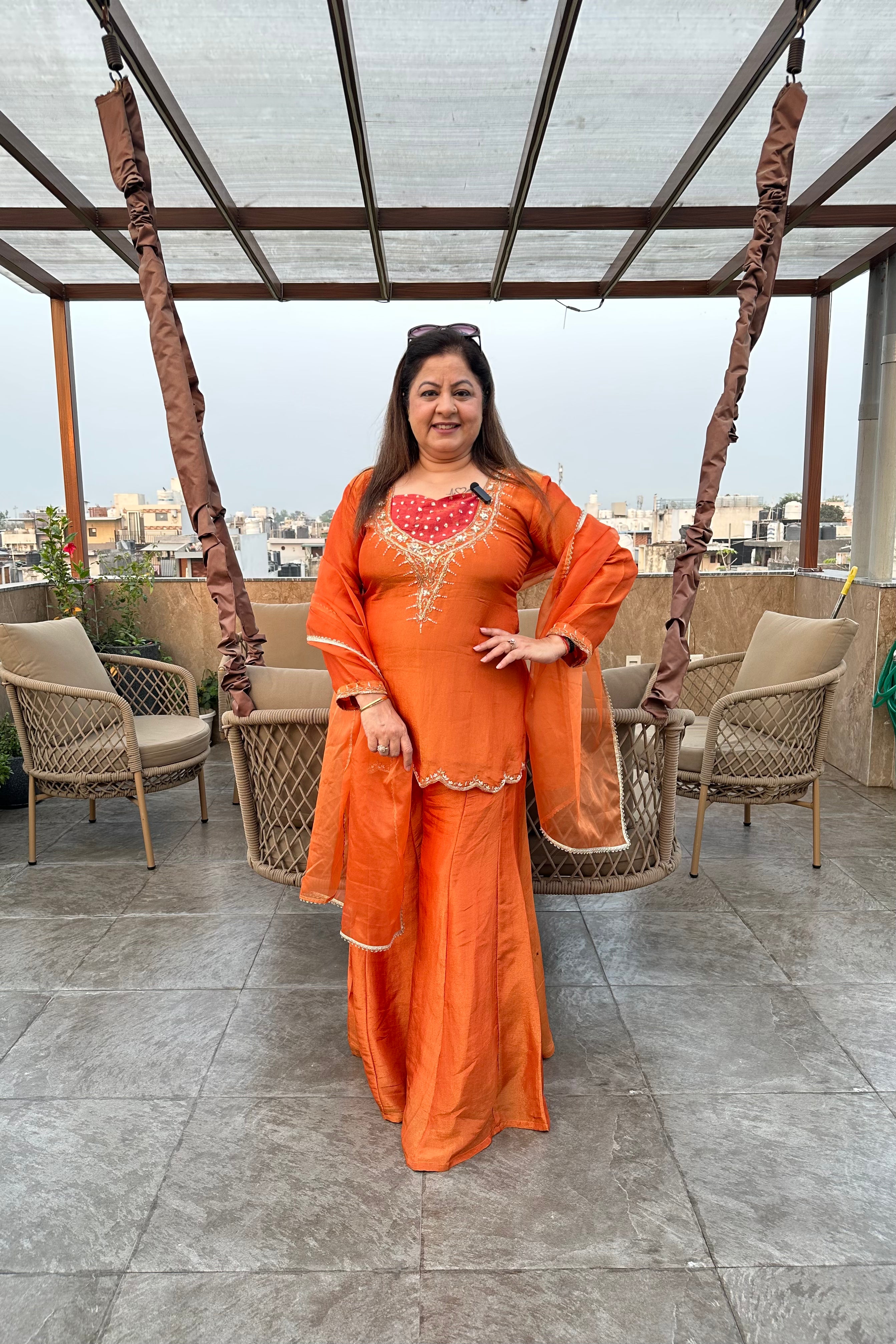 3pc Shimmer Tissue Partywear Suit With Organza Dupatta Paired With Divider Plazzo