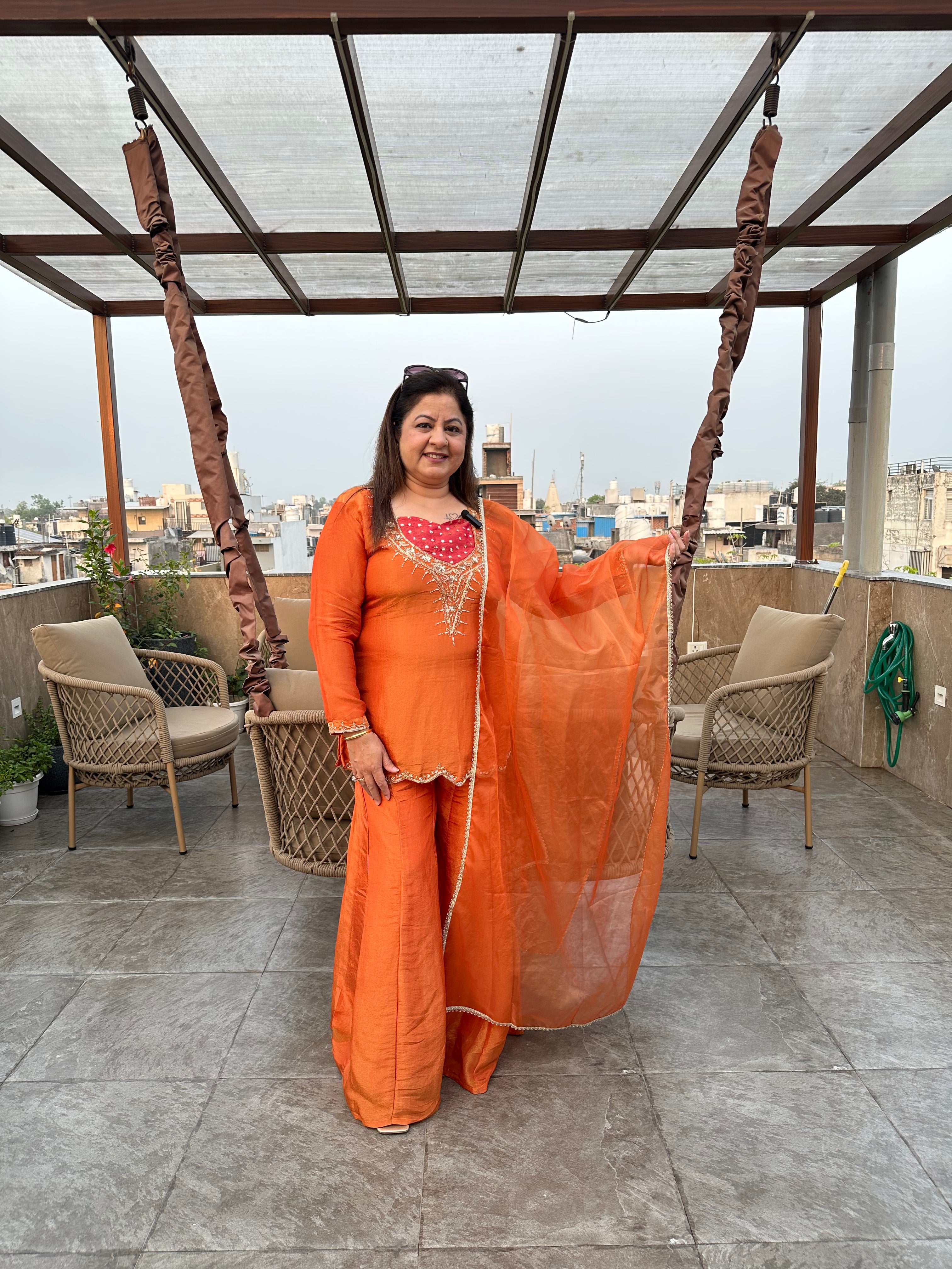 3pc Shimmer Tissue Partywear Suit With Organza Dupatta Paired With Divider Plazzo