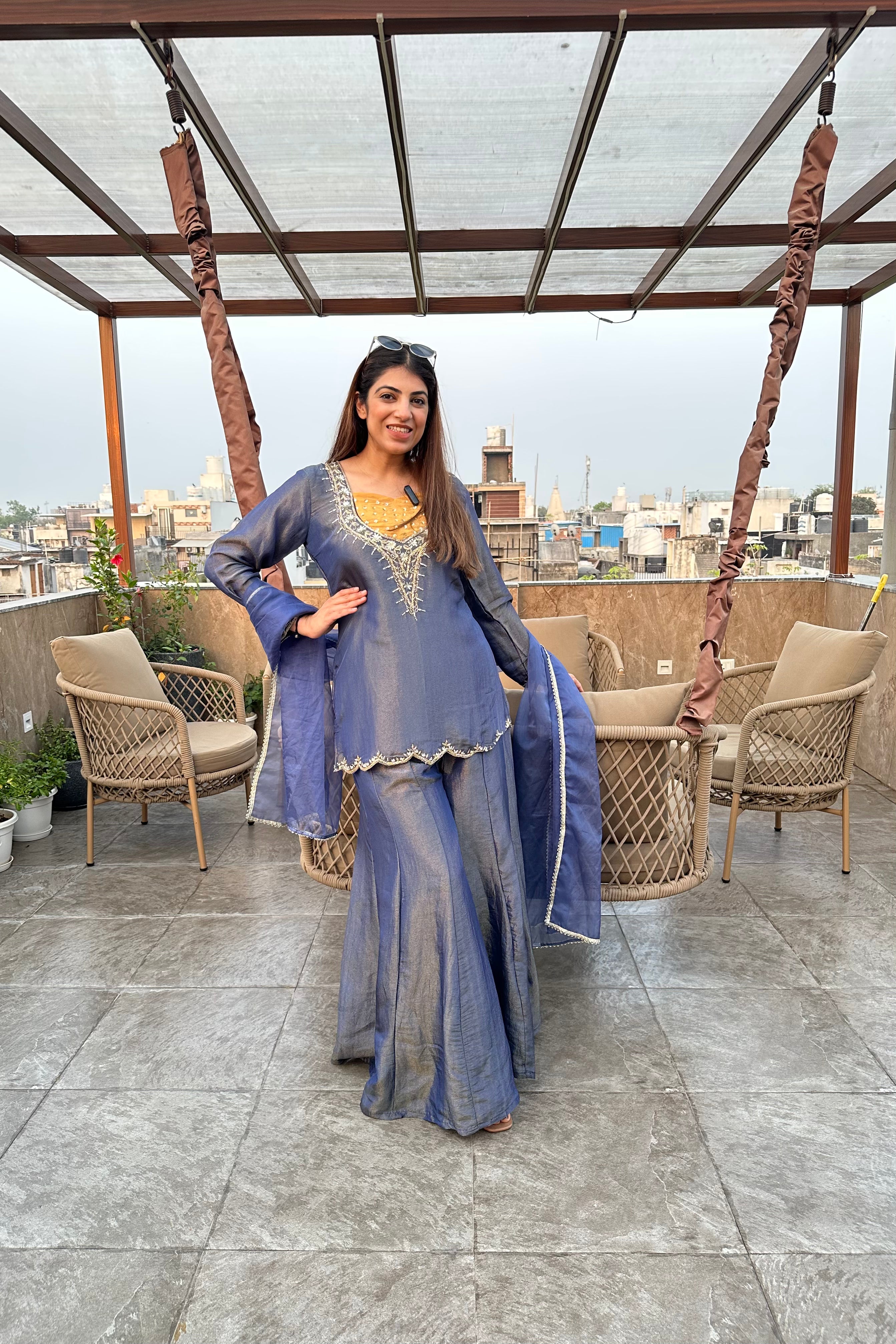3pc Shimmer Tissue Partywear Suit With Organza Dupatta Paired With Divider Plazzo