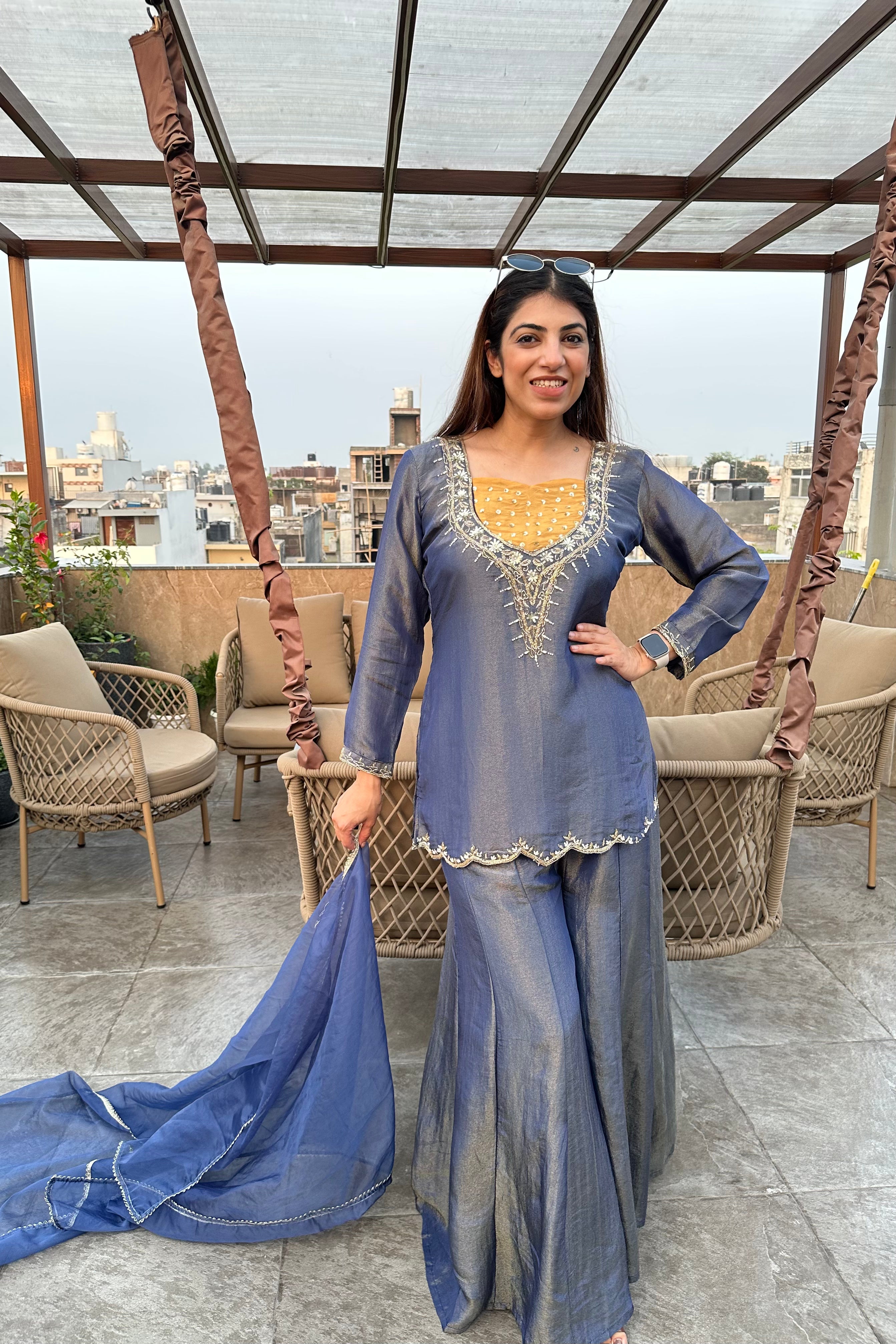 3pc Shimmer Tissue Partywear Suit With Organza Dupatta Paired With Divider Plazzo